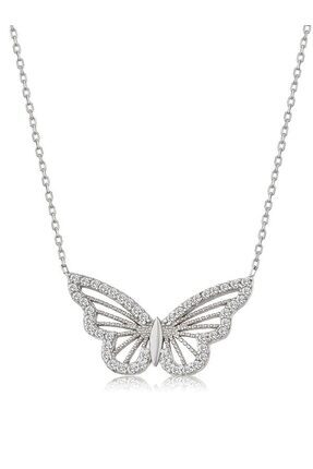 ışık tedarik Gümüş Renk Kolye Zirkon Taşlı Kelebek Çelik Kolye