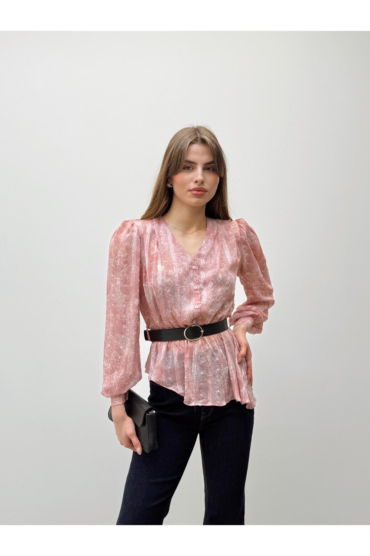 Liora Belted Patterned Powder Chiffon Shirt
