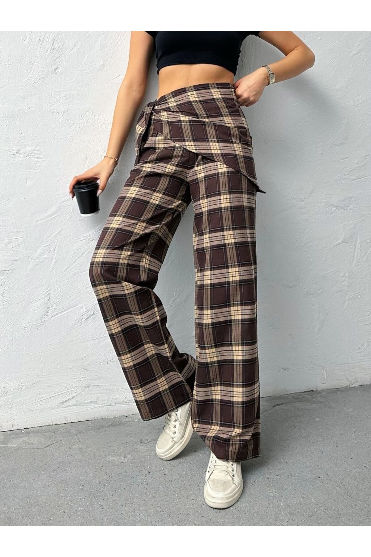 D'RECCY  KADIN FULAR DETAYLI TAİLORED FİT EKOSE PANTOLON - Görsel 6