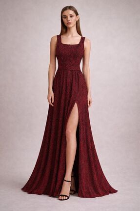 stylingpark Simli Kumaş Uzun Kolsuz Yırtmaç Detaylı Abiye Elbise