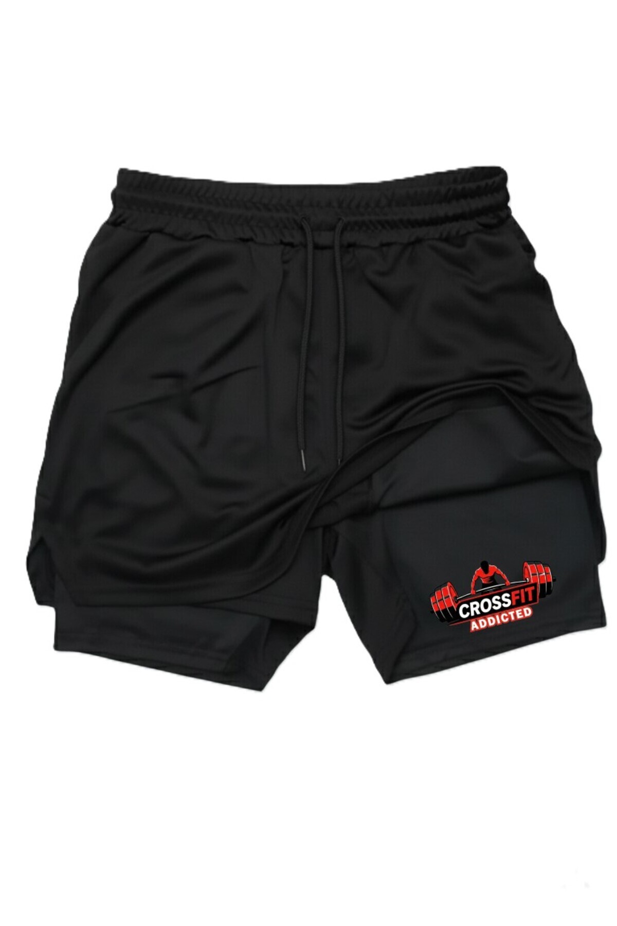 شلوارک ورزشی مشکی Makiteks مدل Crossfit Addicted با چاپ دو لایه و قابلیت خشک شدن سریع، مناسب باشگاه ورزشی  شورت ورزشی Machi