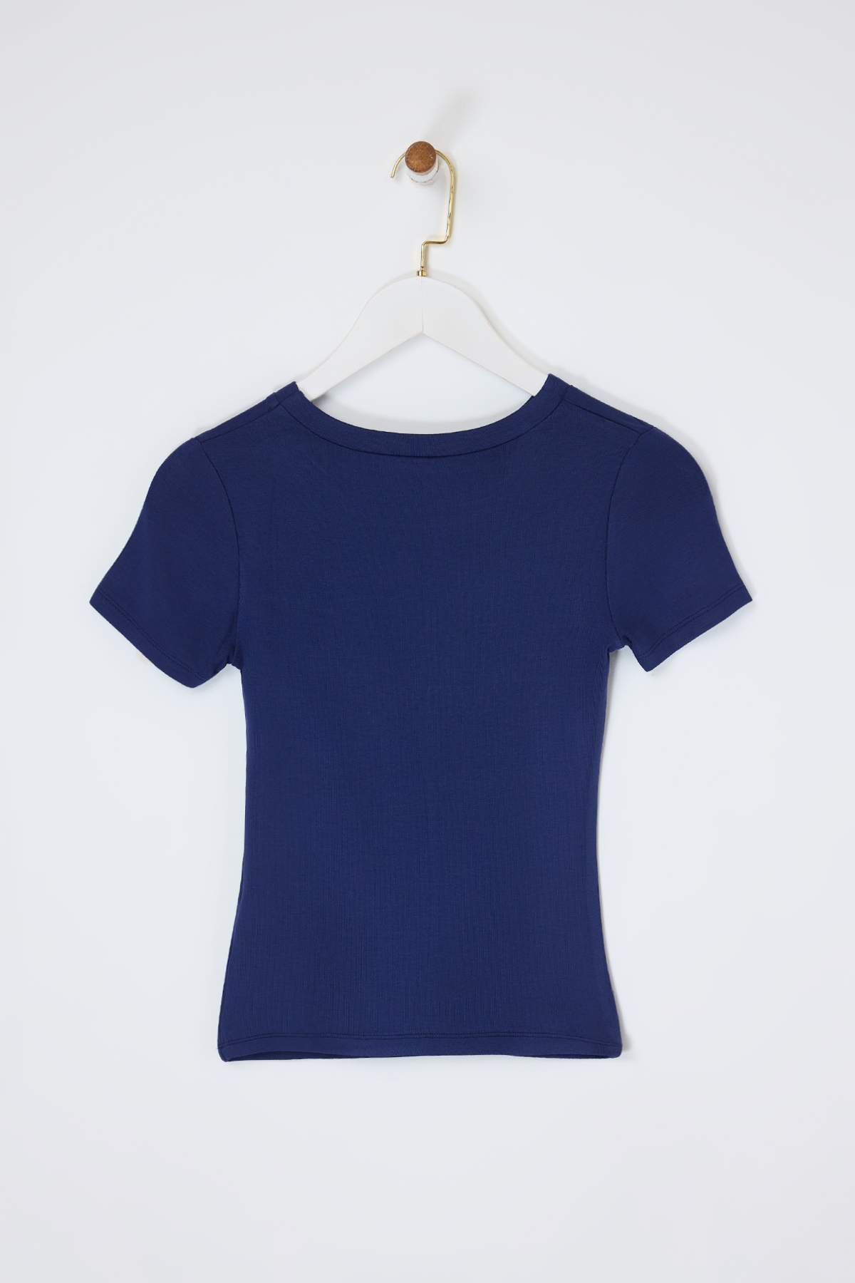 Trendyolmilla  Lacivert Slogan Fitted/Vücuda Oturan Pamuk Ribana Örme T-Shirt TWOSS26TS00071 - Görsel 6