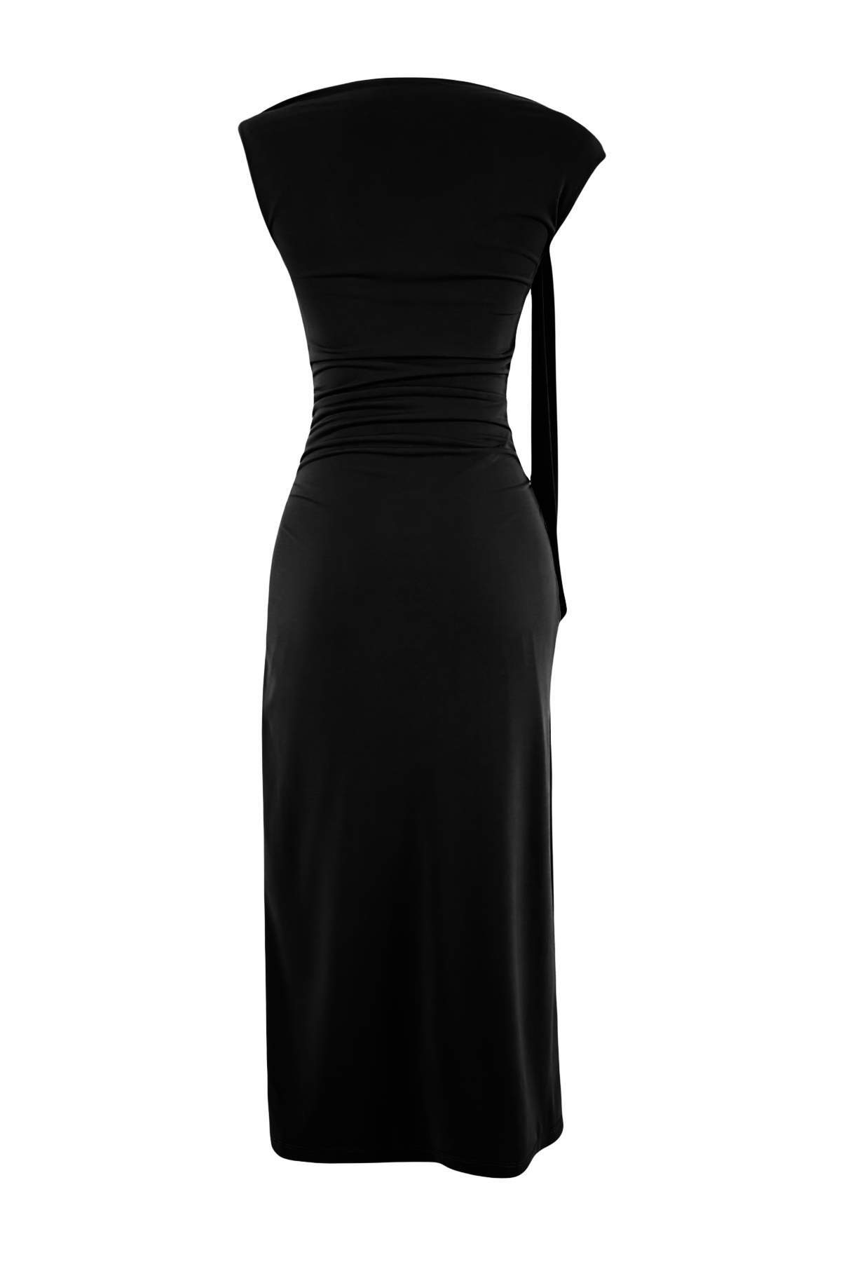 Trendyolmilla  Limited Edition Siyah Bodycon Asimetrik Yaka Kolsuz Aksesuarlı Maxi Esnek Örme Elbise TWOSS26EL00258 - Görsel 6