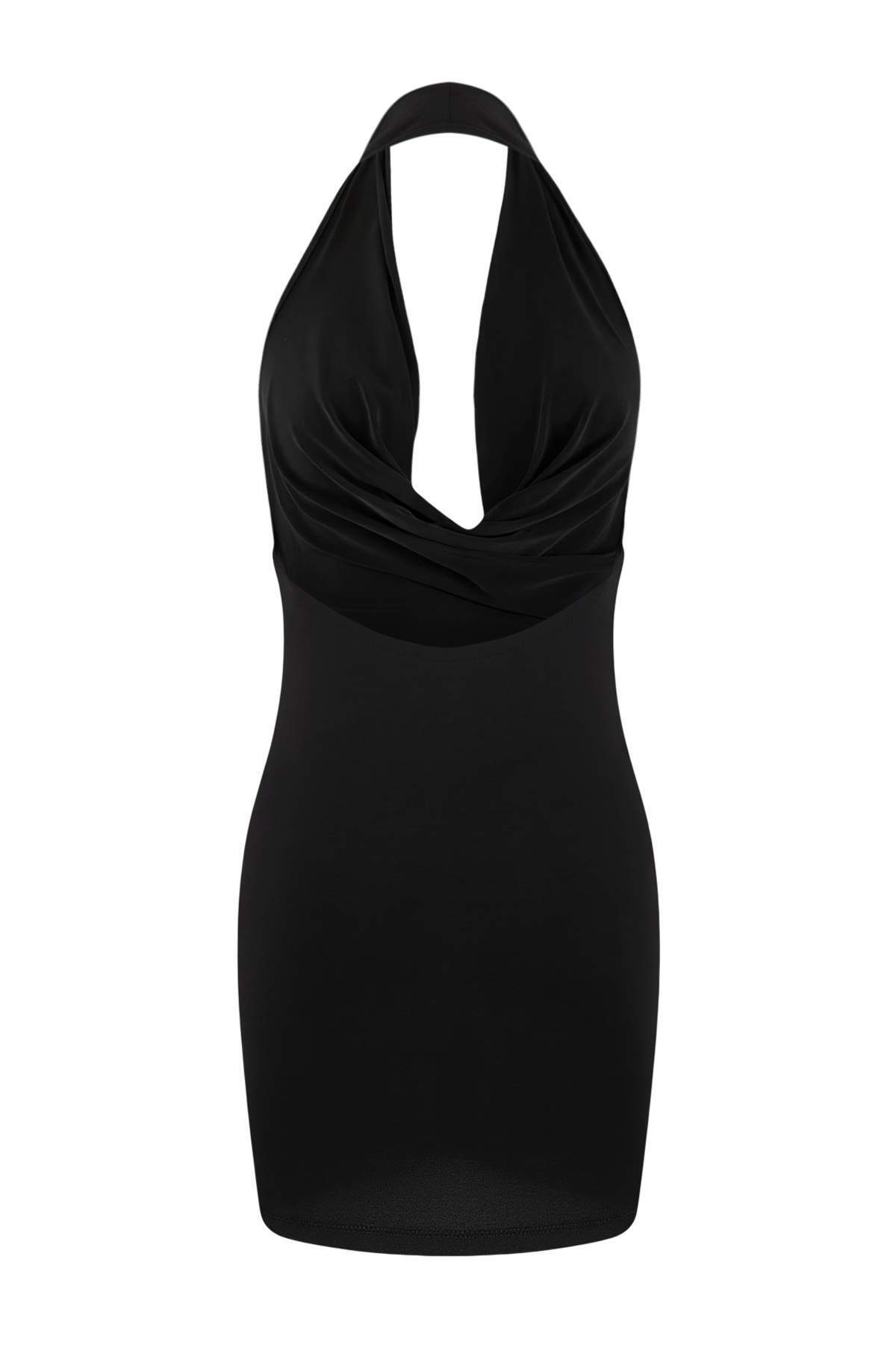 Trendyolmilla  Siyah Örme Degaje Yaka Mini Plaj Elbisesi TBESS26EL00045 - Görsel 5