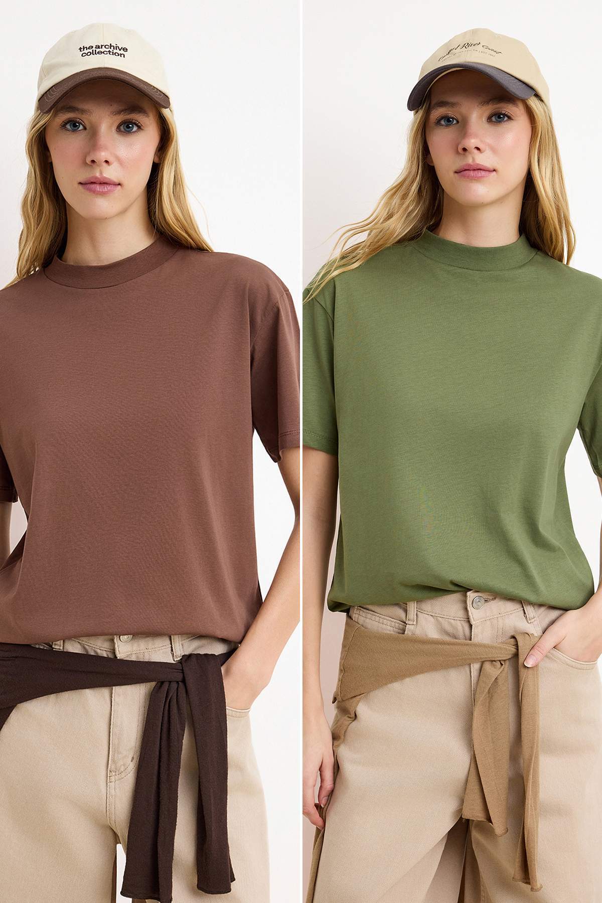 Trendyolmilla  Kahverengi-Haki 2'li Paket %100 Pamuk Basic Dik Yaka Örme T-Shirt TWOSS20TS1500