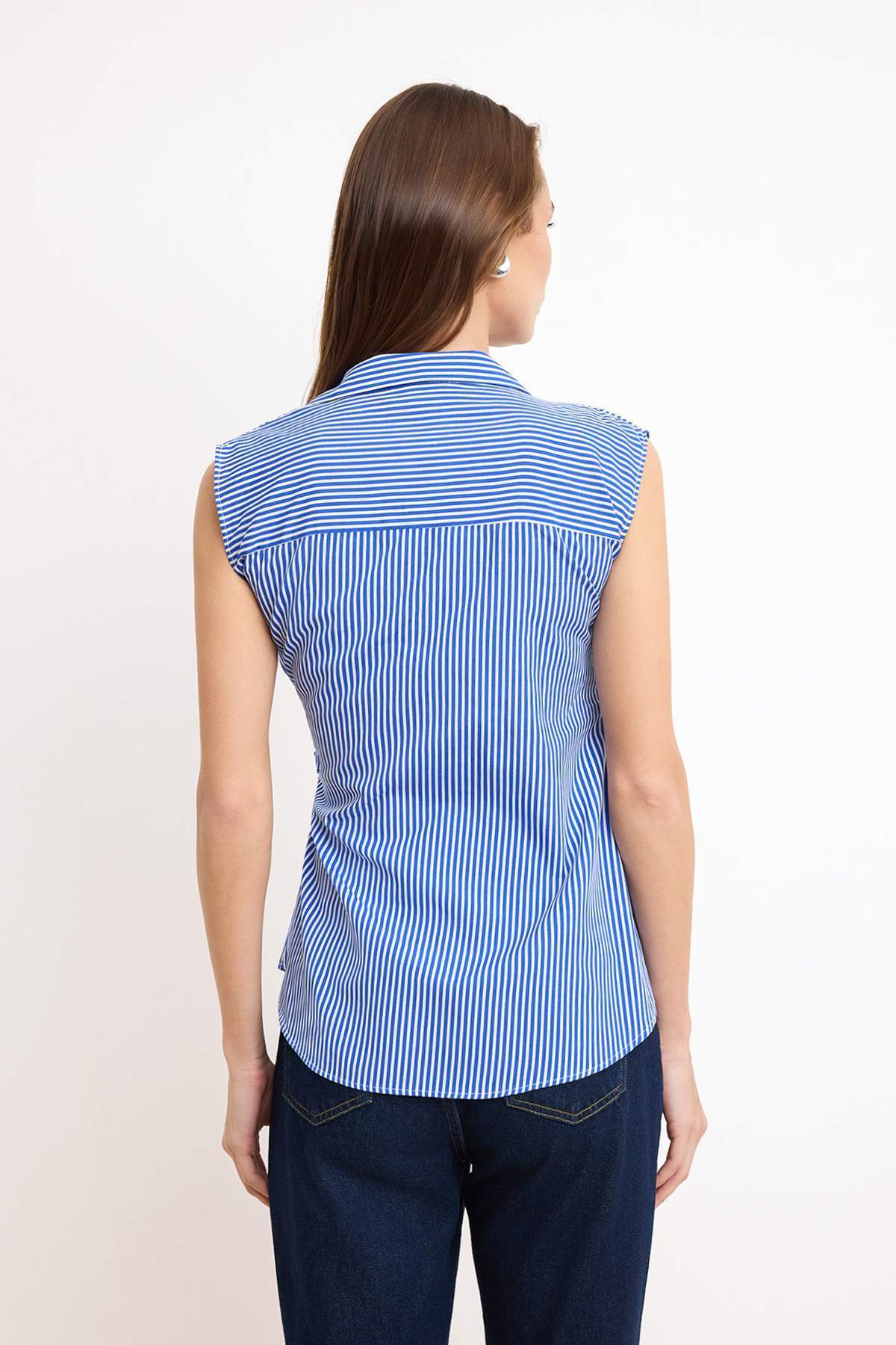 Trendyolmilla  Mavi Çizgili Kruvaze Bağlama Detaylı Dokuma Bluz TWOSS25BZ00581 - Görsel 4