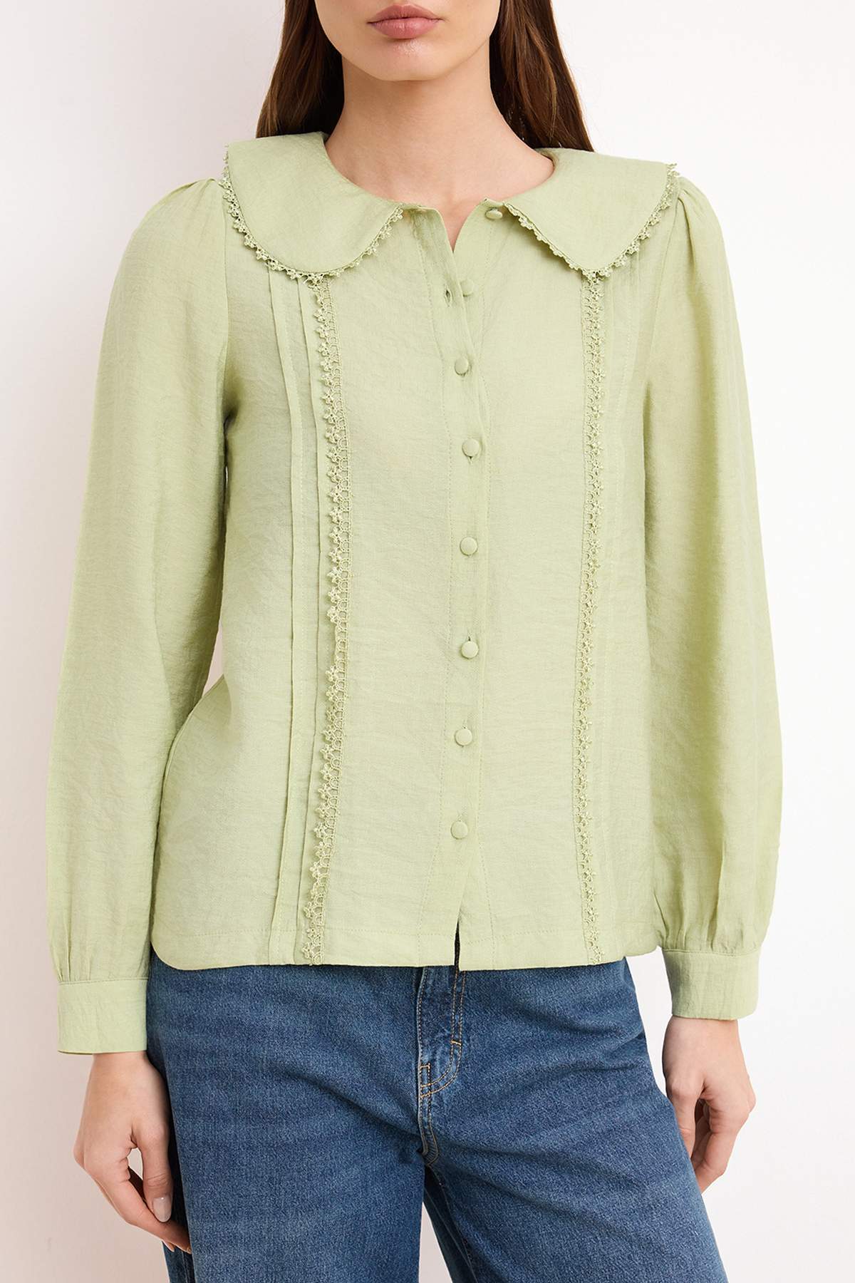 Trendyolmilla  Mint Dantel Detaylı Bebe Yaka Regular Normal Kalıp Dokuma Gömlek TWOSS21GO0035 - Görsel 3