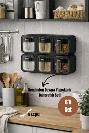 Dory 6'Lı Kendinden Duvara Yapışkanlı Kaşıklı Baharatlık Takımı - Kapaklı Bah...