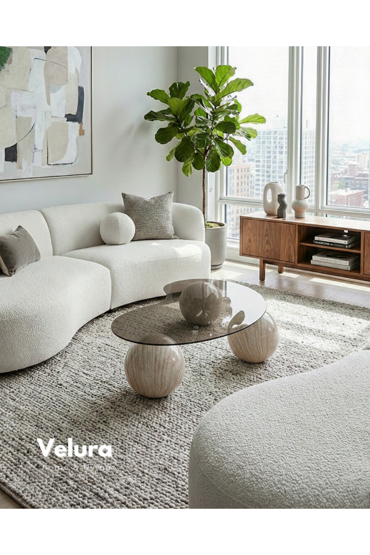 Modern Coffee Table & Sphere Coffee Table & Ball Coffee Table & Smoked Bean Glass & Natural