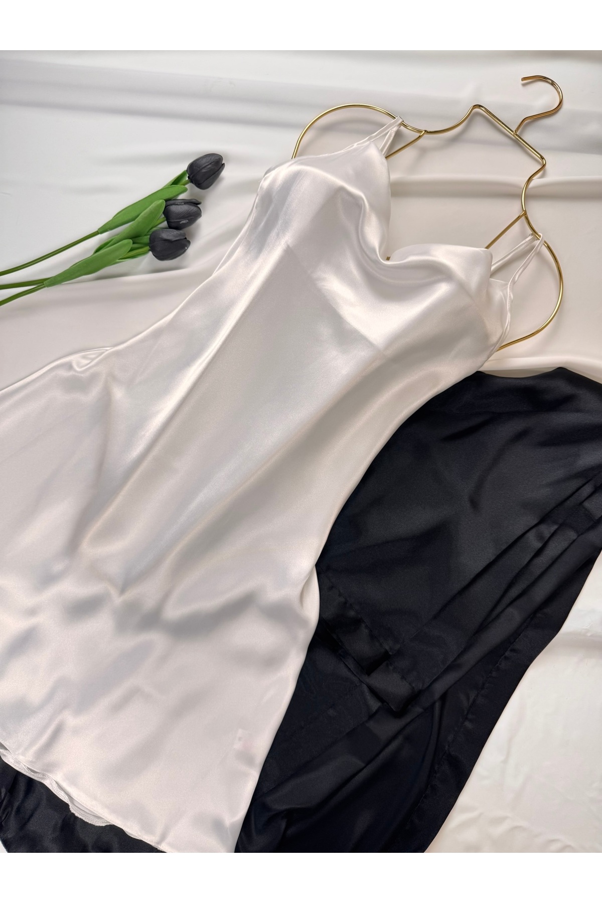 ROZENİN LINGERIE Degaje Yaka Saten Askılı Gecelik Elbise