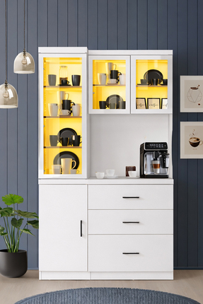 Setay Vitrinli Ünite, Adrea Kahve Köşesi + Çok Amaçlı Raflı Tek Kapaklı Dolap