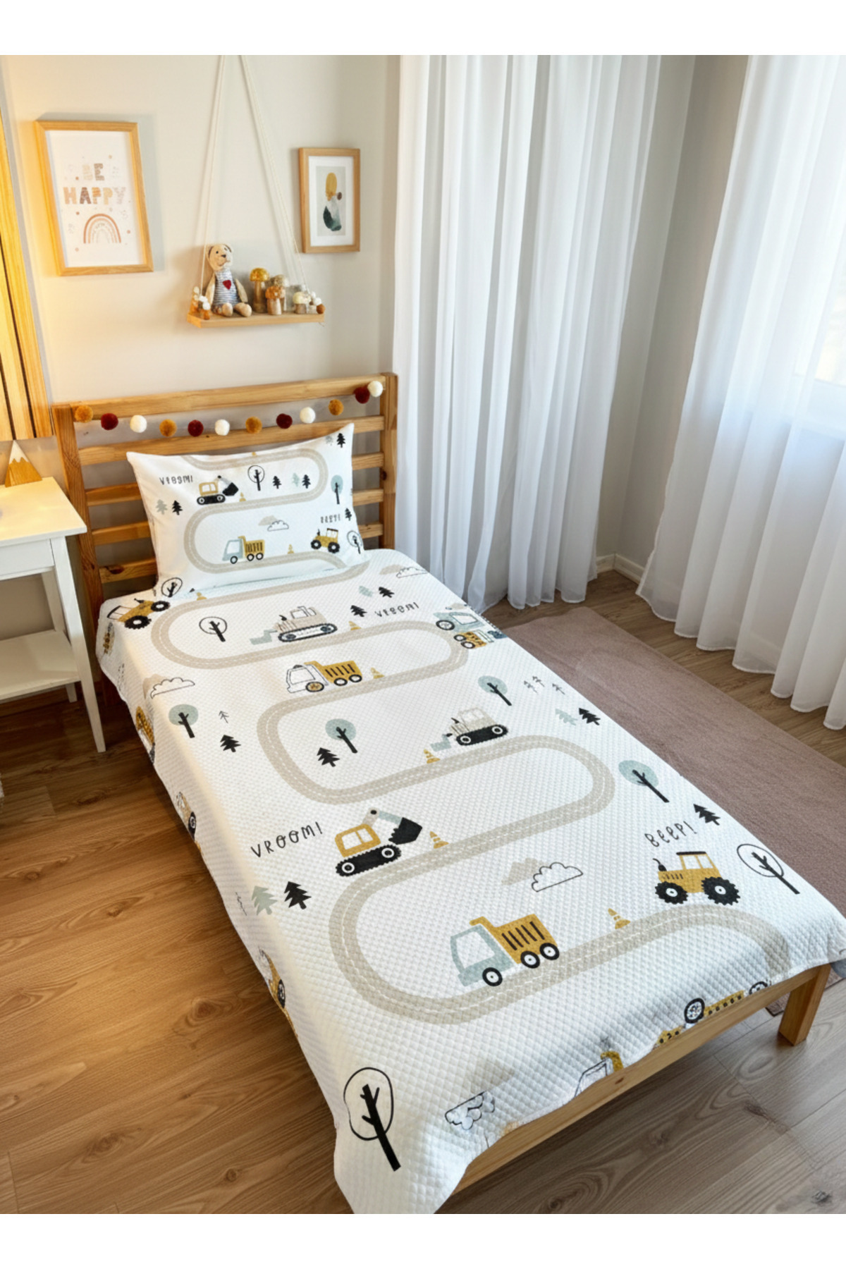Evmila İş Makineli Ve Yol Desenli Bebek Ve Çocuk Baskılı Tek Kişilik Pike Takımı 160 X 220 Cm beyaz fotoğrafı 4 (önizleme)