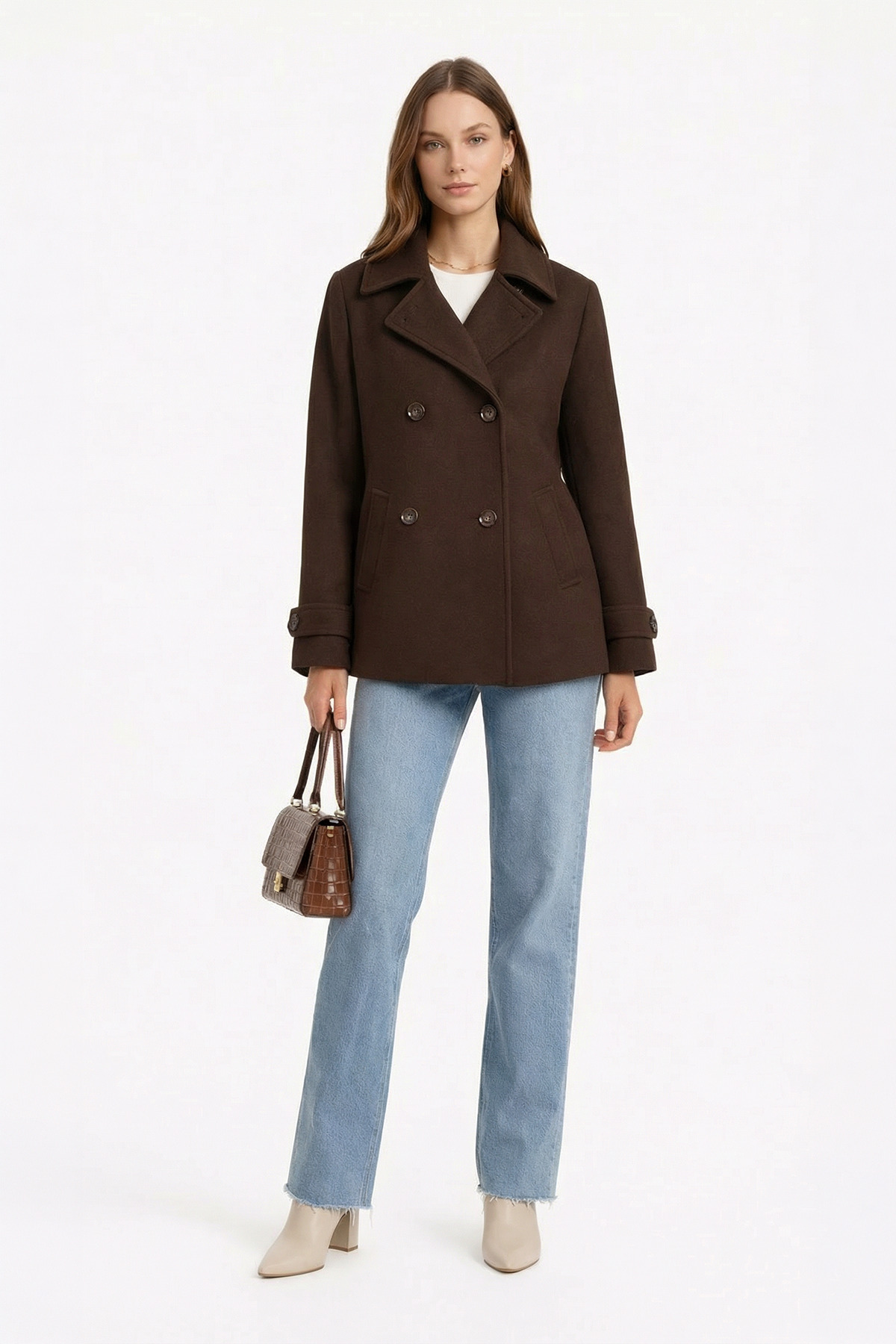 Soydan Güner  Kadın Kısa Kruvaze Kaban Kahverengi 1460