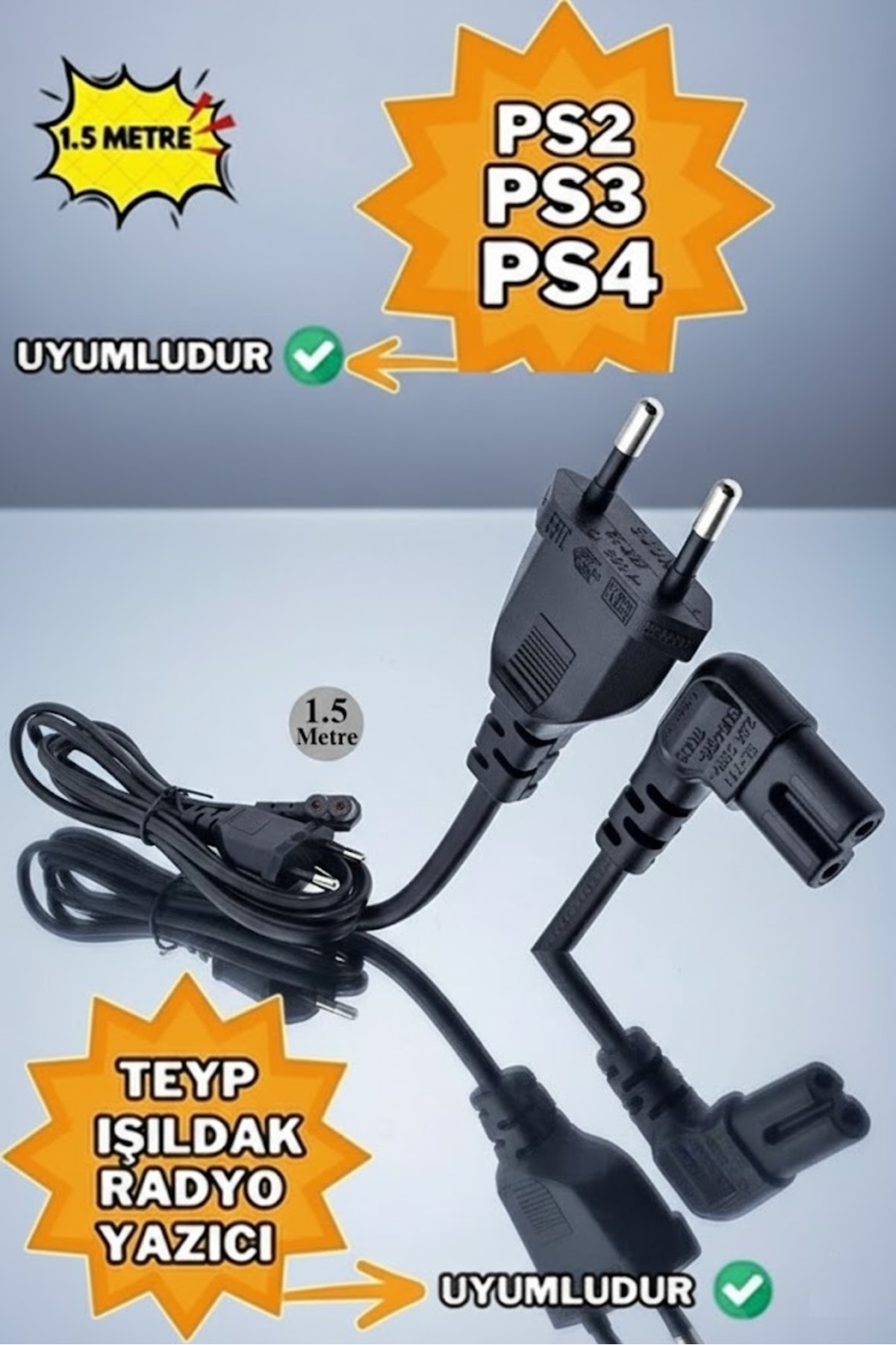 1.5 Metre 1.5mt L Uç 90 Derece C7 Girişli Tv - Teyp Fişi Notebook Yazıcı Işıldak Power Güç Kablosu