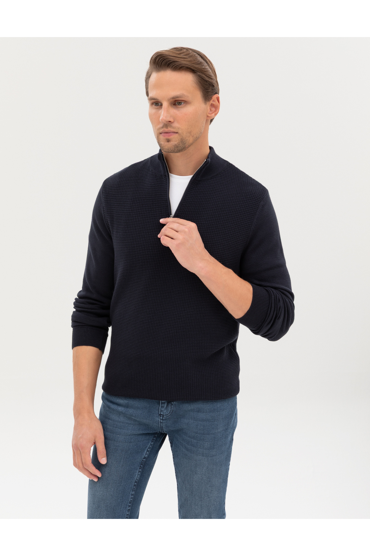 Pierre Cardin  Lacivert Slim Fit Dik Yaka Fermuarlı Triko Kazak 50317397-VR033 - Görsel 3