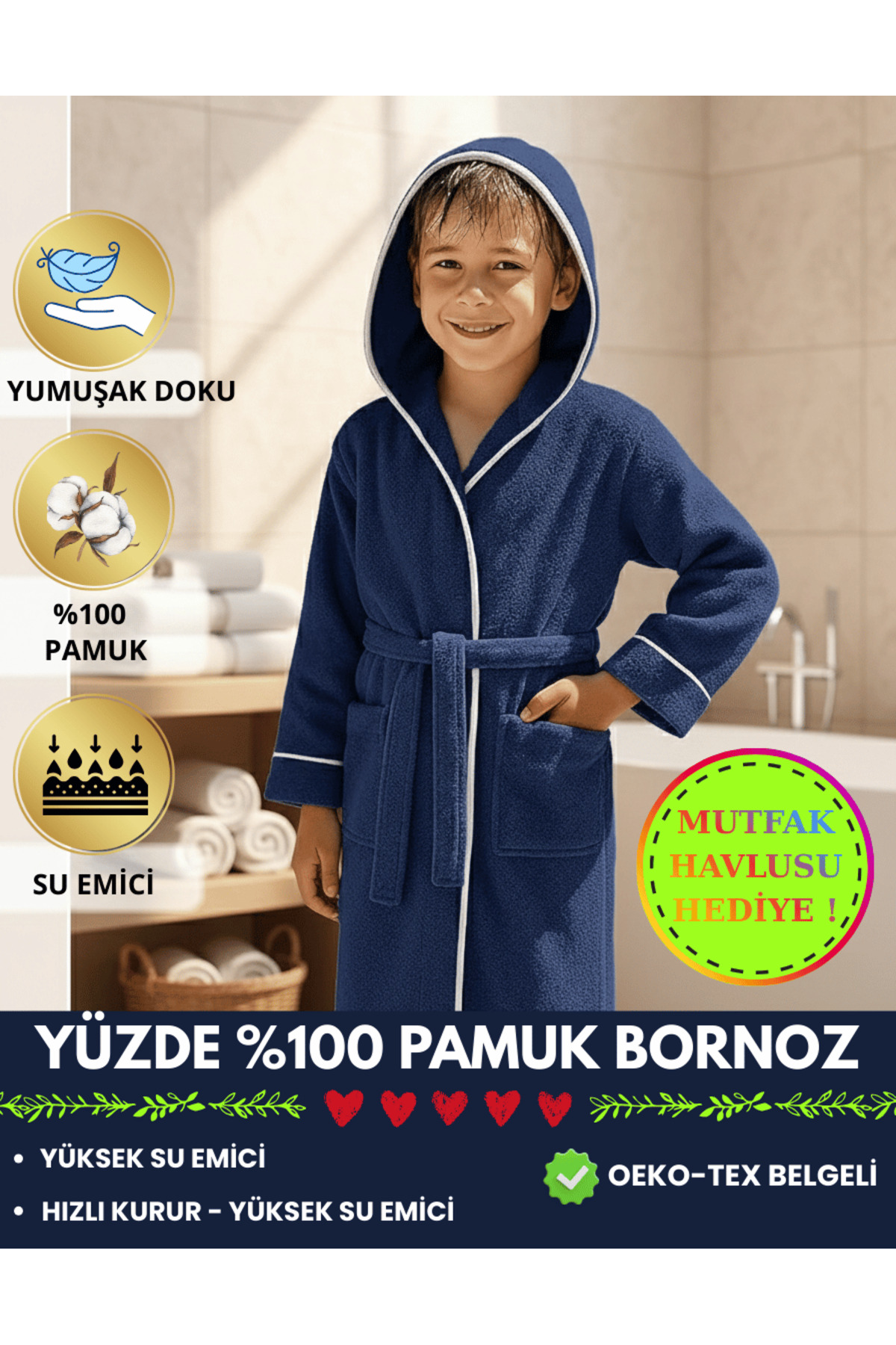 Layvera Kız-Erkek Çocuk Bornozu %100 Pamuk | Kapüşonlu – Cepli – Yumuşak – Biyeli – Lacivert fotoğrafı 3 (önizleme)
