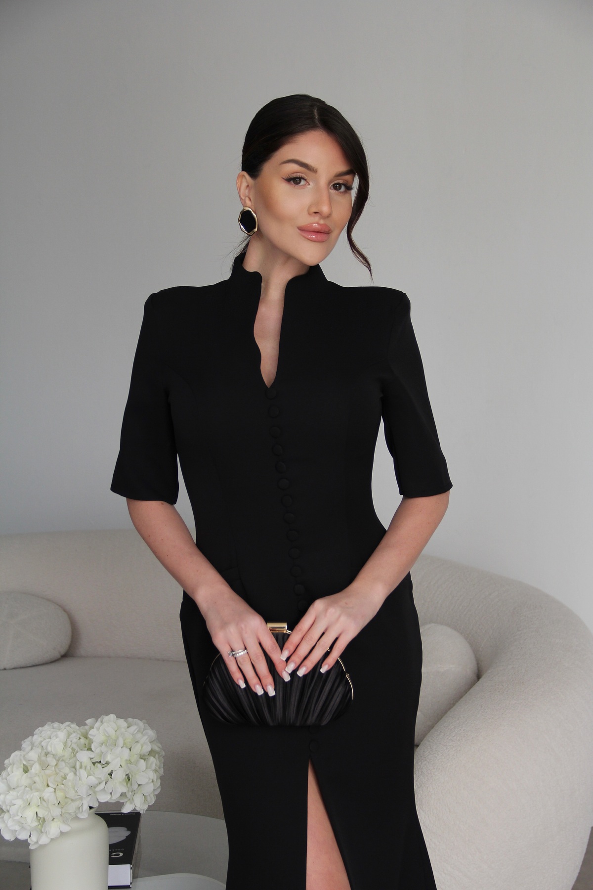 Black Shoulder Length Button Detailed V-Neck Premium Maxi Long Dress with Slit