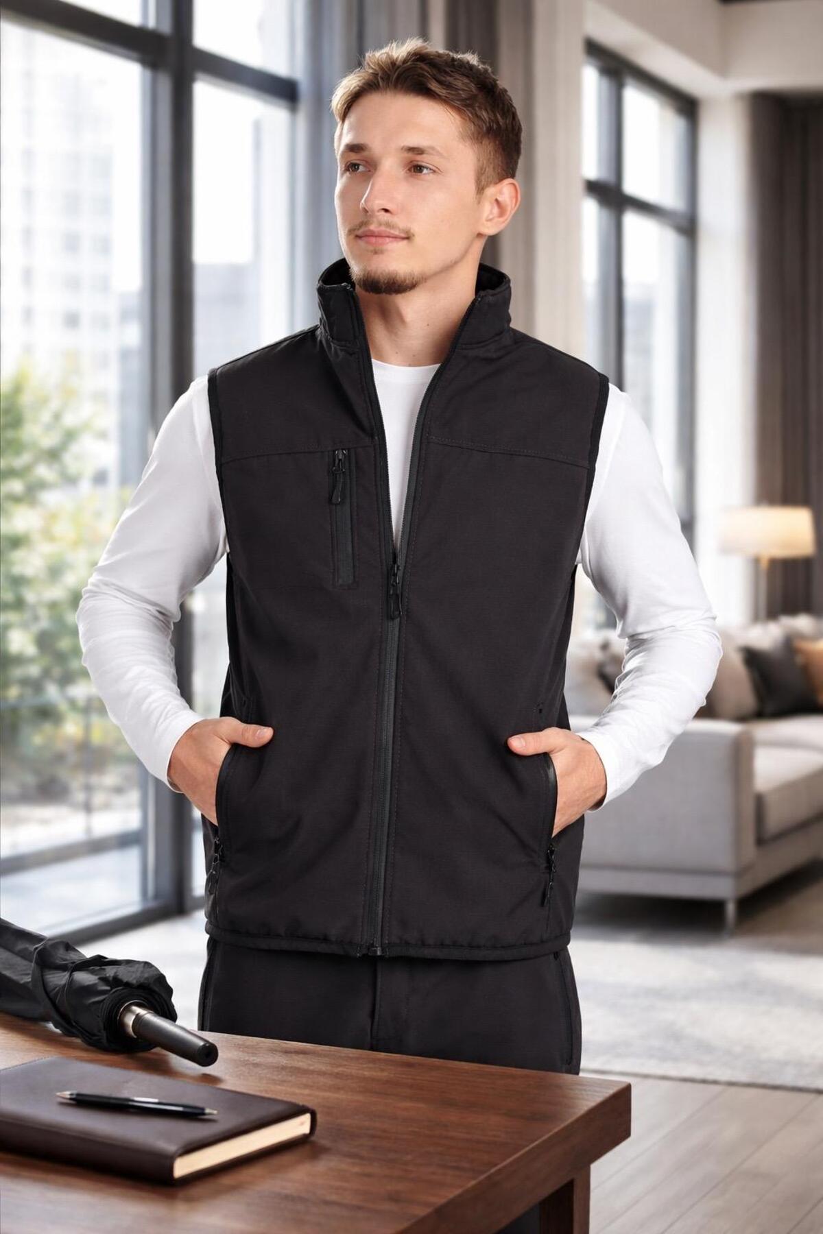 Vatan Tekstil  Dik Yaka Slim Fit 3 Cepli Softshell Erkek Yelek Su İtici Kumaş - Görsel 2