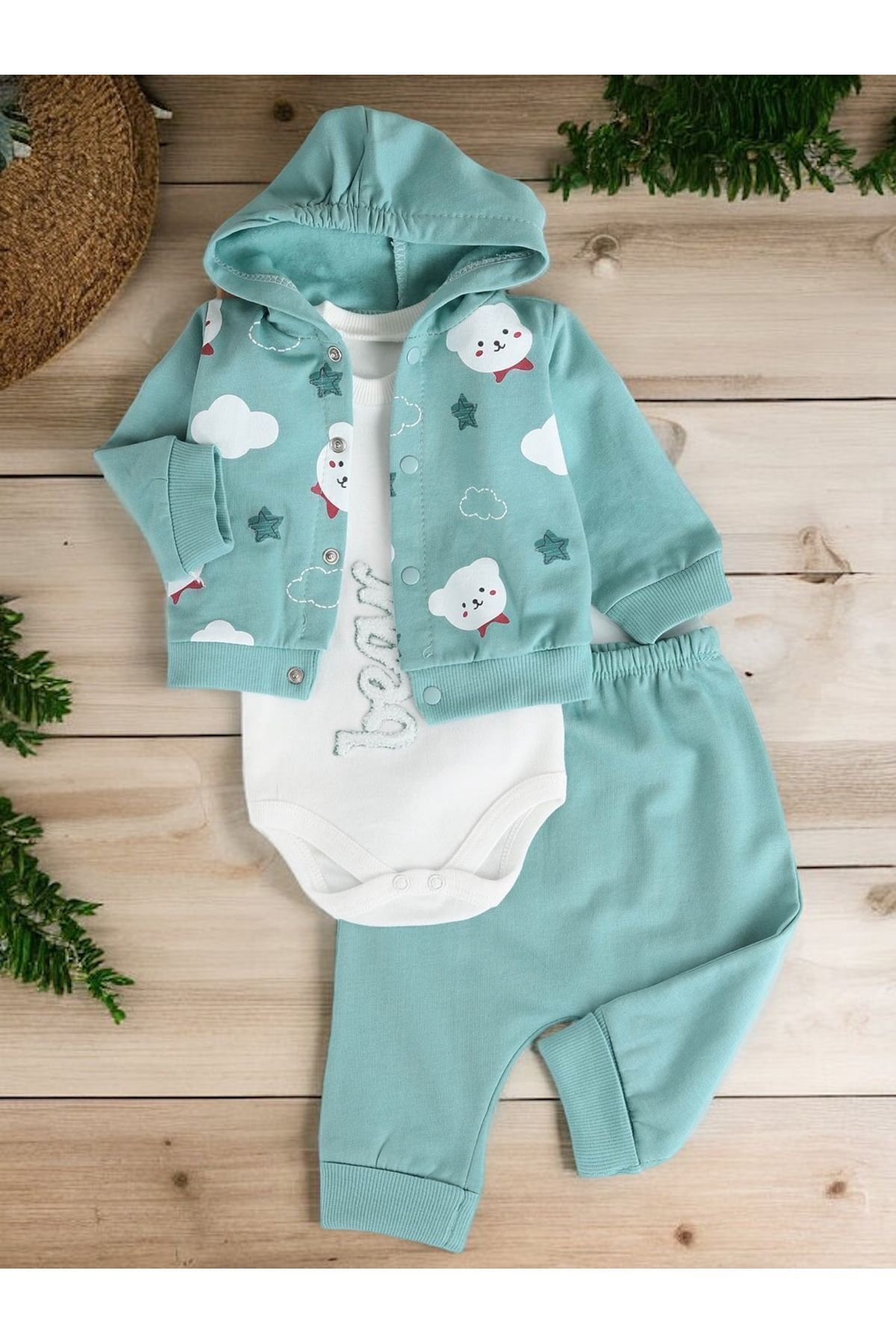 VOY KİDS Erkek Bebek Nakışlı 3-6-9 Ay Kapüşonlu Uzun Kol Zıbın Takımı Yeni Doğan fotoğrafı 2 (önizleme)