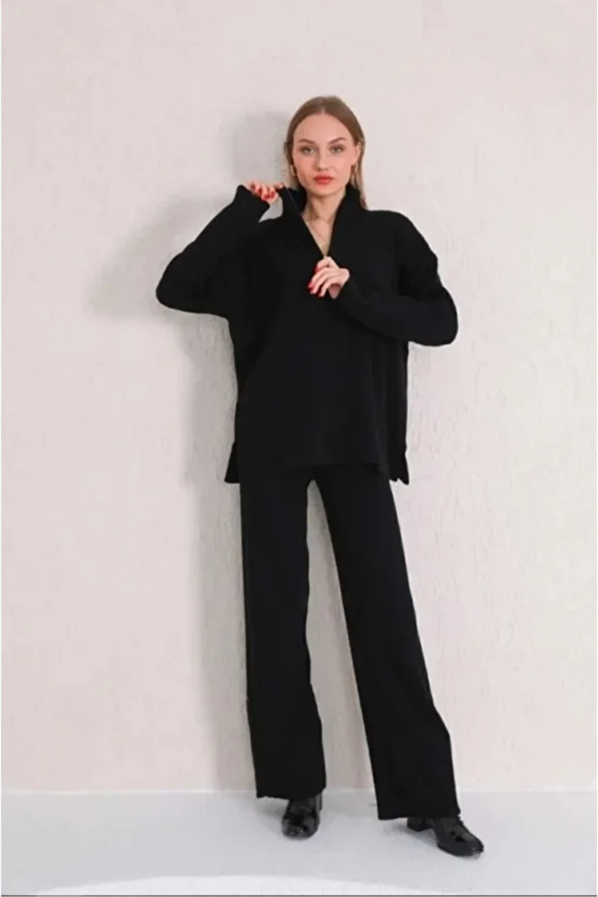 Women's Knit Set with Zipper Detail Black Pants Tunic - Görsel 3