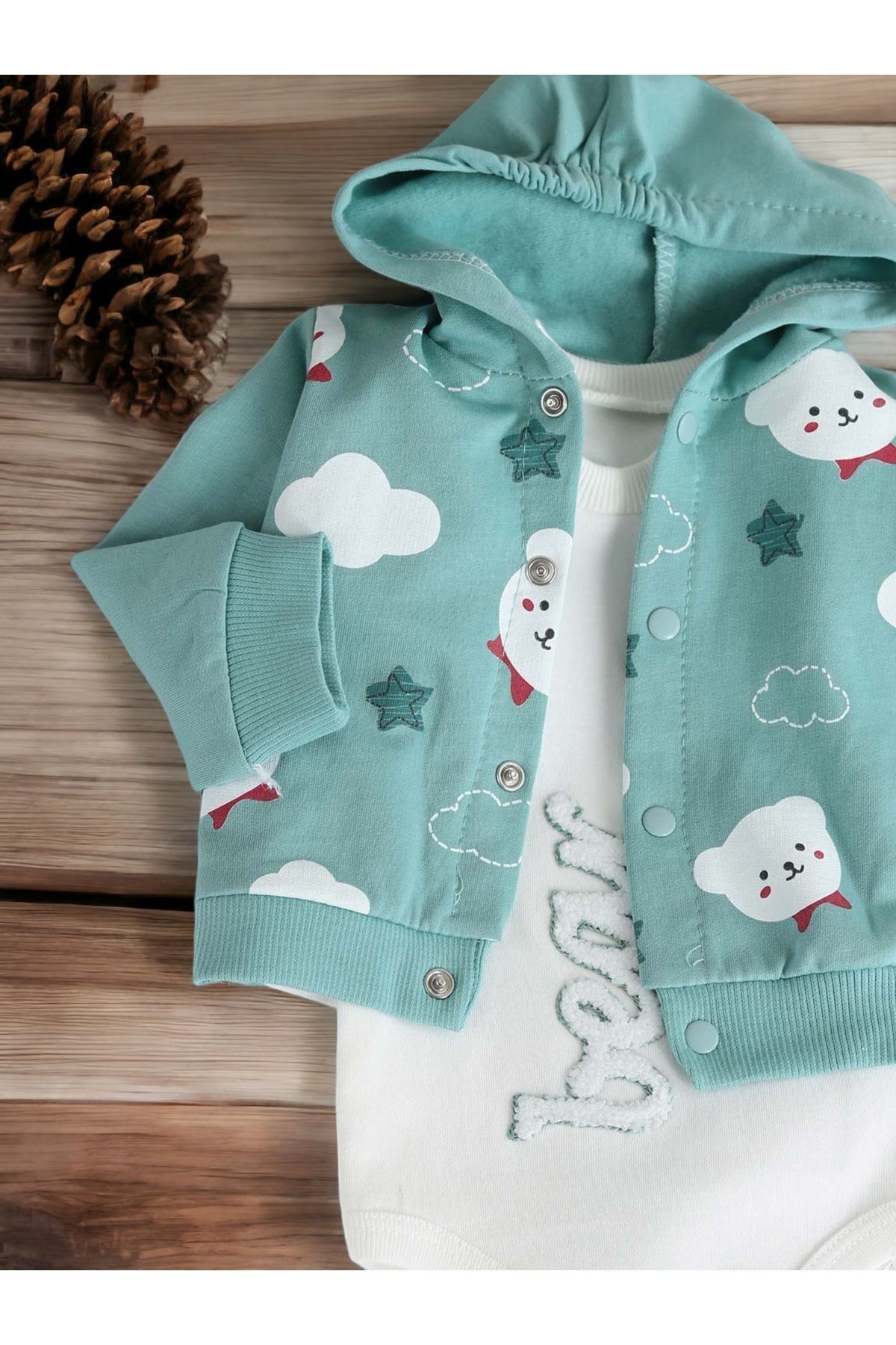 VOY KİDS Erkek Bebek Nakışlı 3-6-9 Ay Kapüşonlu Uzun Kol Zıbın Takımı Yeni Doğan fotoğrafı 4 (önizleme)