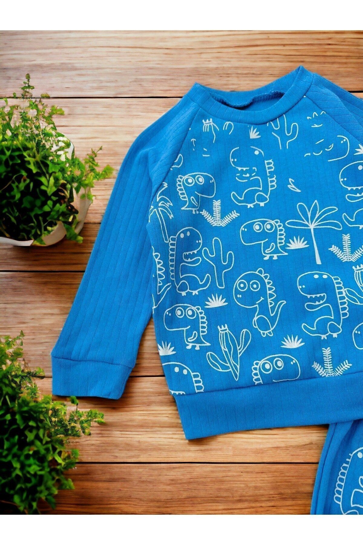 Egelite Erkek Bebek Takımı Mevsimlik Uzun Kollu Bisiklet Yaka Dinazor Baskılı Fitilli Alt Üst Bebek Takımı fotoğrafı 3 (önizleme)