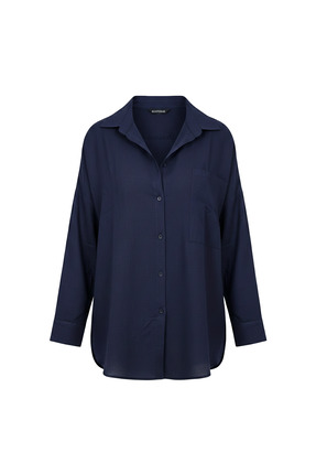 ECOTİQUE Kadın Keten Gömlek %100 Pamuk Salaş Keten Cepli Uzun Kollu Lacivert ...