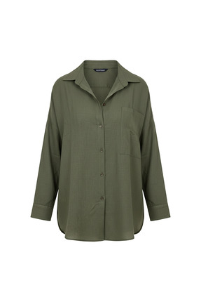 ECOTİQUE Kadın Haki Basic Oversize Keten Cepli Uzun Kollu Okul Büyük Beden Gö...