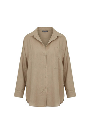 ECOTİQUE Kadın Keten Gömlek %100 Pamuk Salaş Keten Cepli Uzun Kollu Bej Gömlek