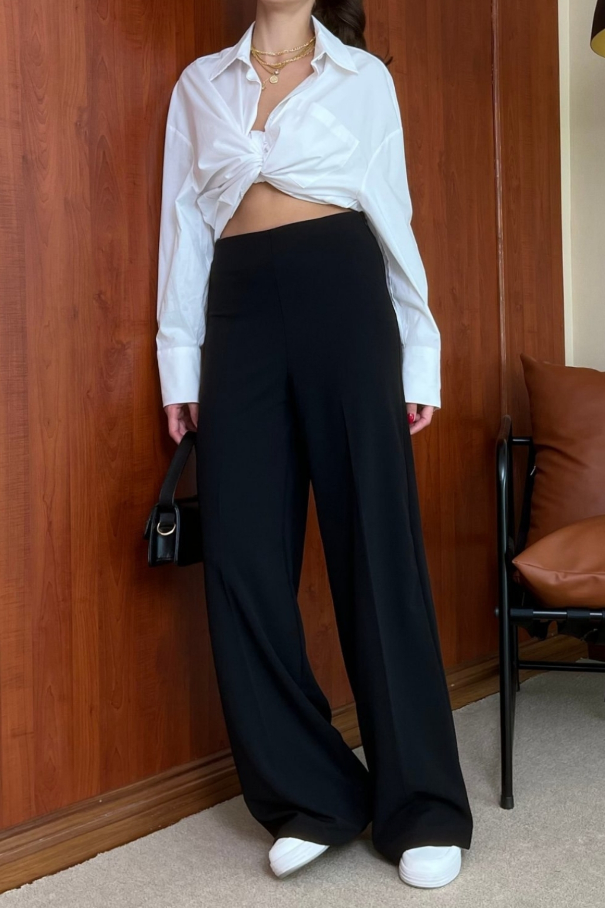 MORE MOSS  Kadın Full Likra Bel Yandan Fermuarlı Bol Paça Pantolon