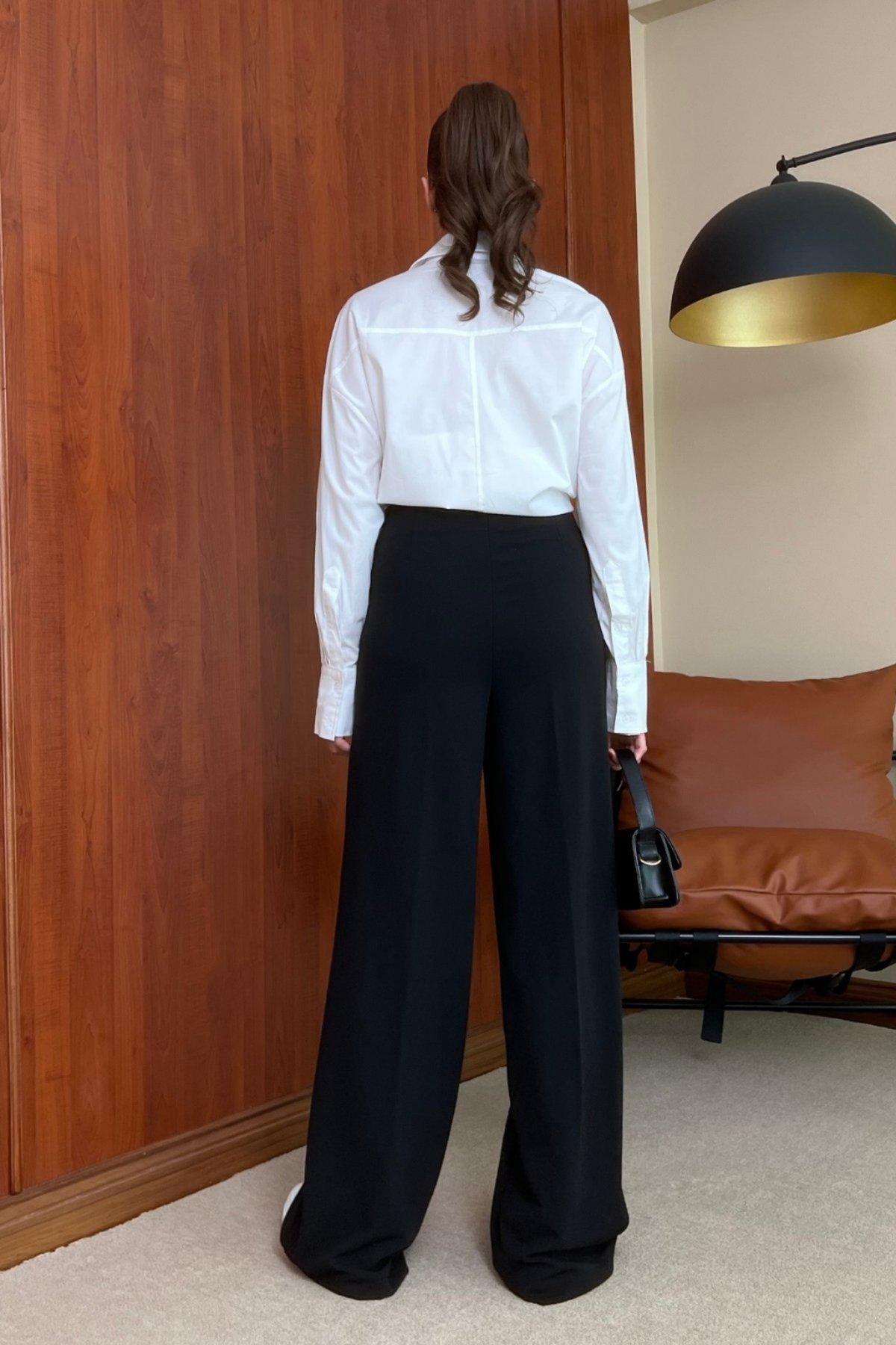 MORE MOSS  Kadın Full Likra Bel Yandan Fermuarlı Bol Paça Pantolon - Görsel 3