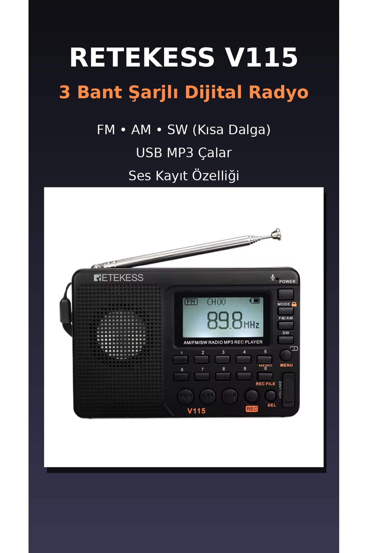 retekess V115 Şarjlı Taşınabilir Radyo | FM-AM-SW Kısa Dalga | USB MP3
