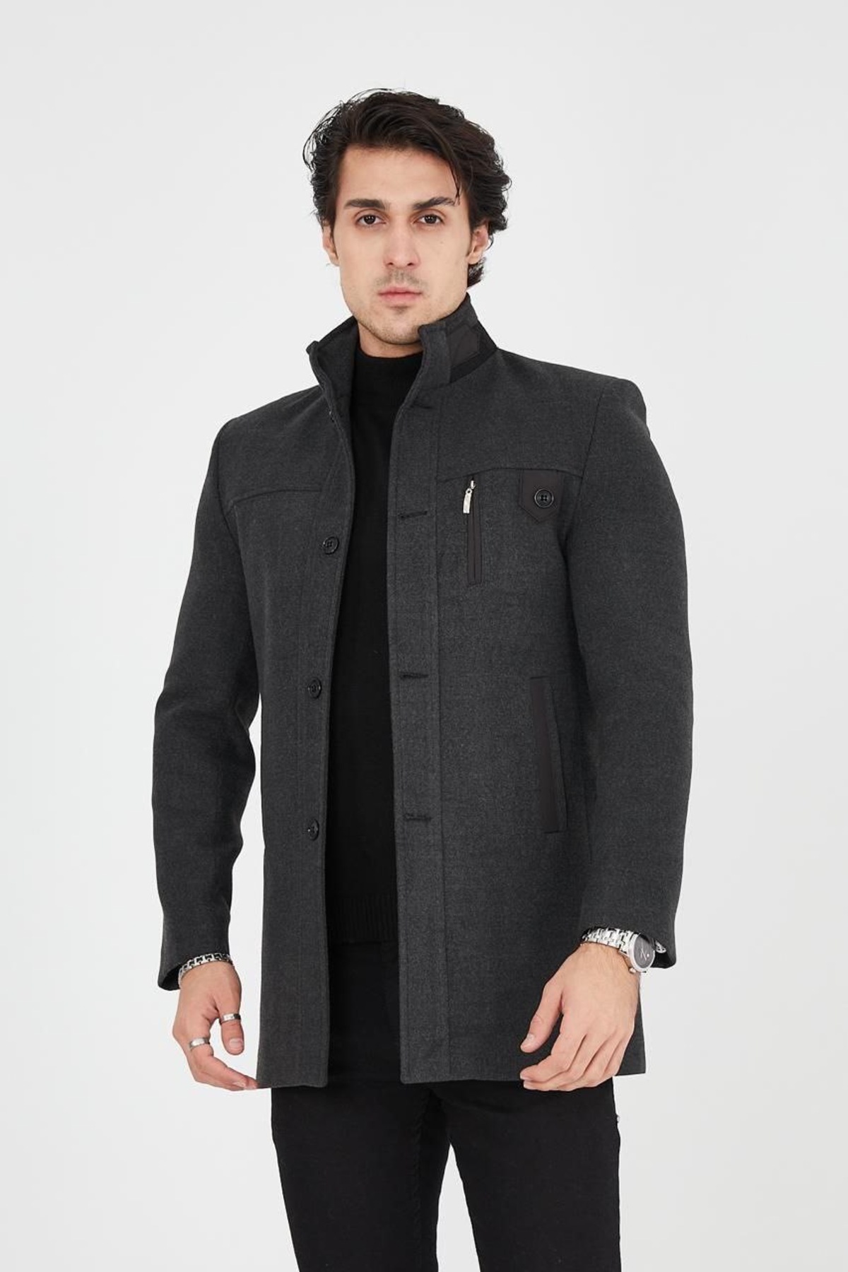 Genel Markalar  Ezel Dik Yaka Göğüs Düğmeli Slim fit Erkek Kaşe Kaban 432 - Görsel 6