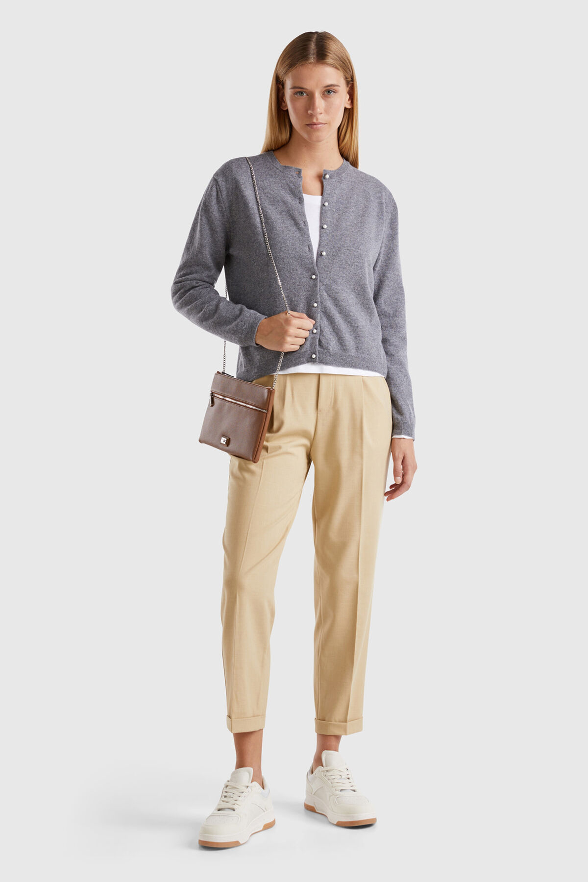 United Colors of Benetton  Kadın Antrasit Melanj %100 Merino Bisiklet Yaka İnci Düğmeli Hırka