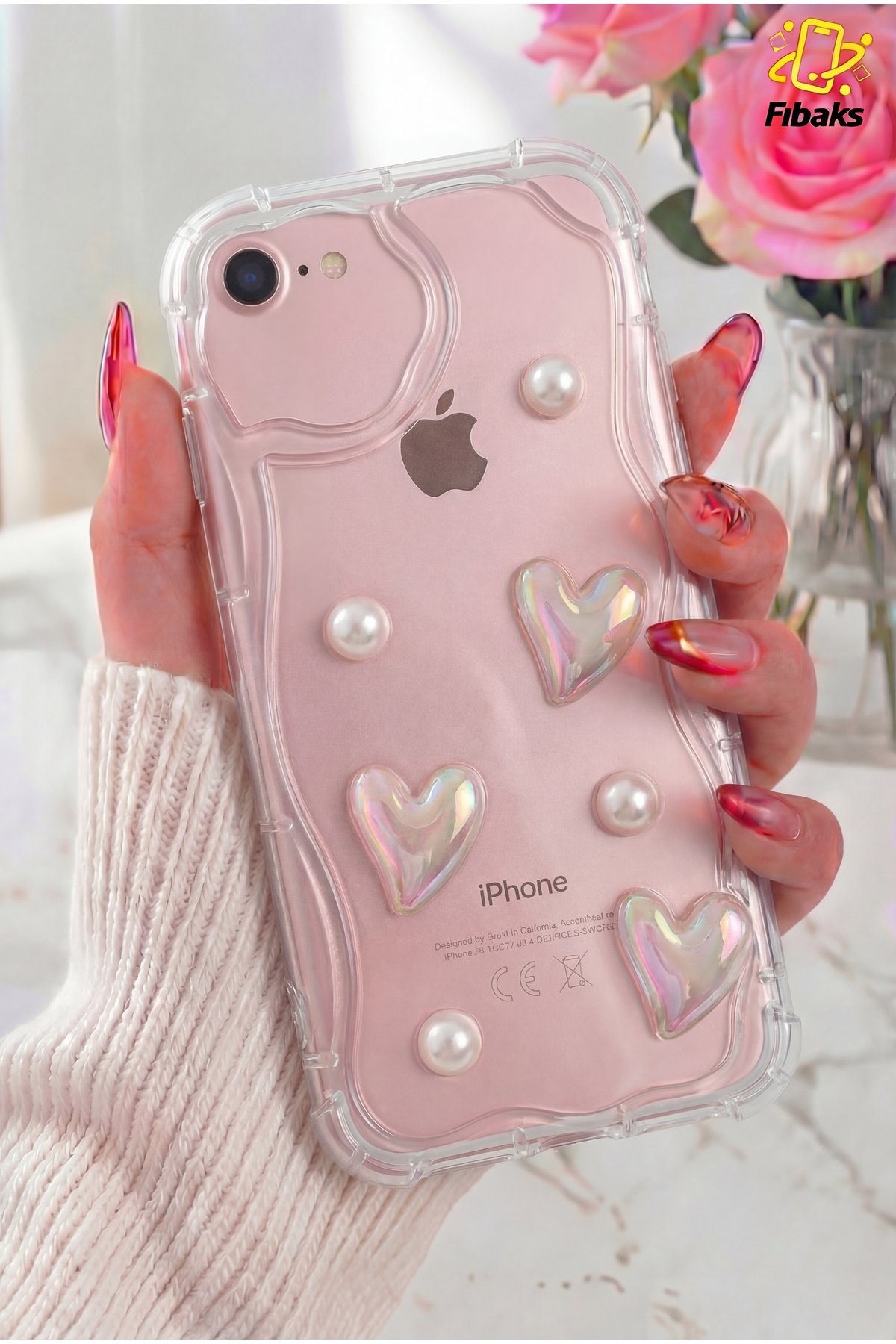 iPhone 7/8/SE Case 3D Heart Pearl Design Patterned Camera Protected Silicone Cover