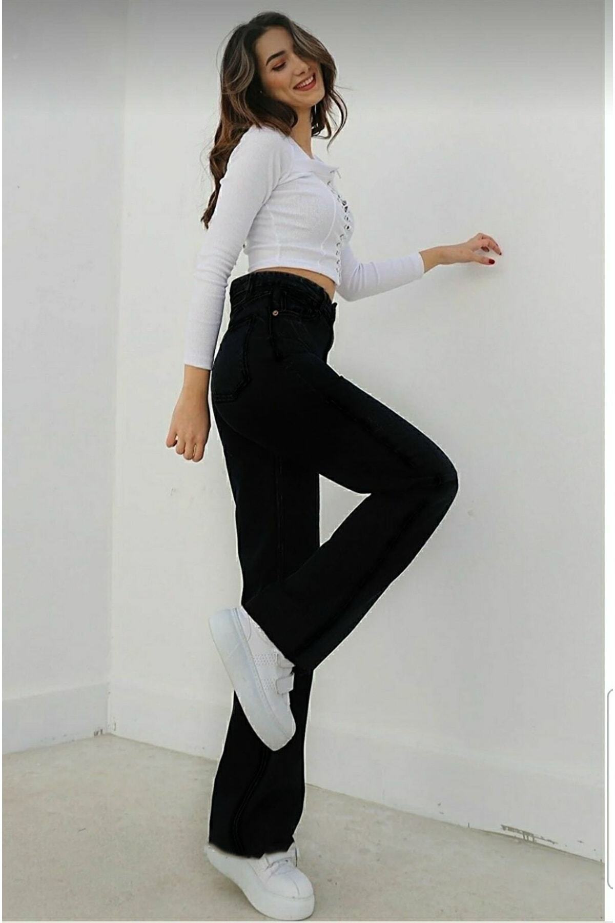 DRC trend  Since's 90's Kadın Siyah Salaş Likralı Süper Yüksek Bel 90's Denim Kot Pantolon(çok Rahat) - Görsel 4