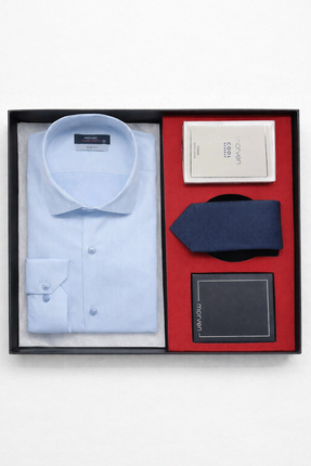 Morven Mavi Erkek Stil Slim Fit Hediye Kutulu Gömlek, Kravat, Parfüm Ve Cüzda...