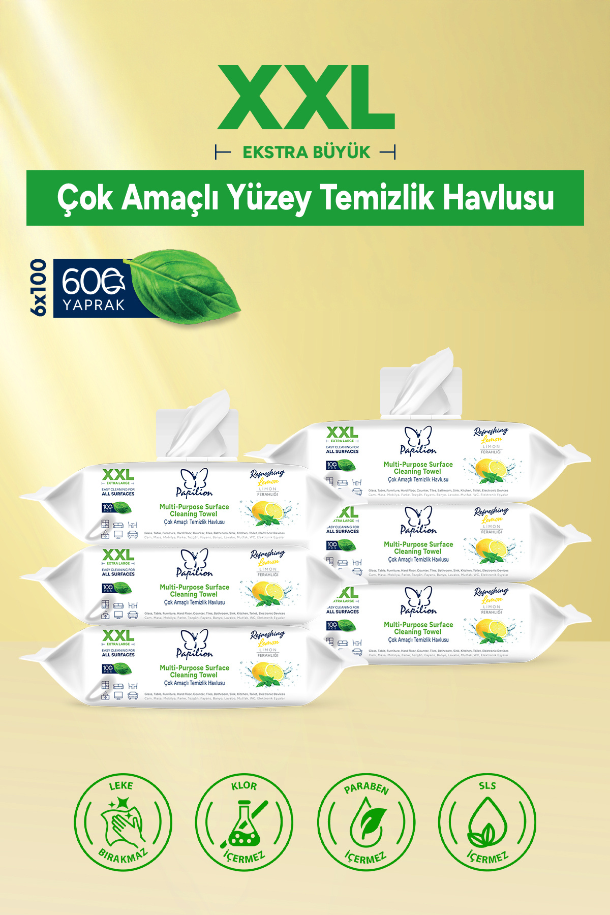 Papilion XXL Limon Kokulu Çok Amaçlı Yüzey Temizlik Havlusu 6'lı