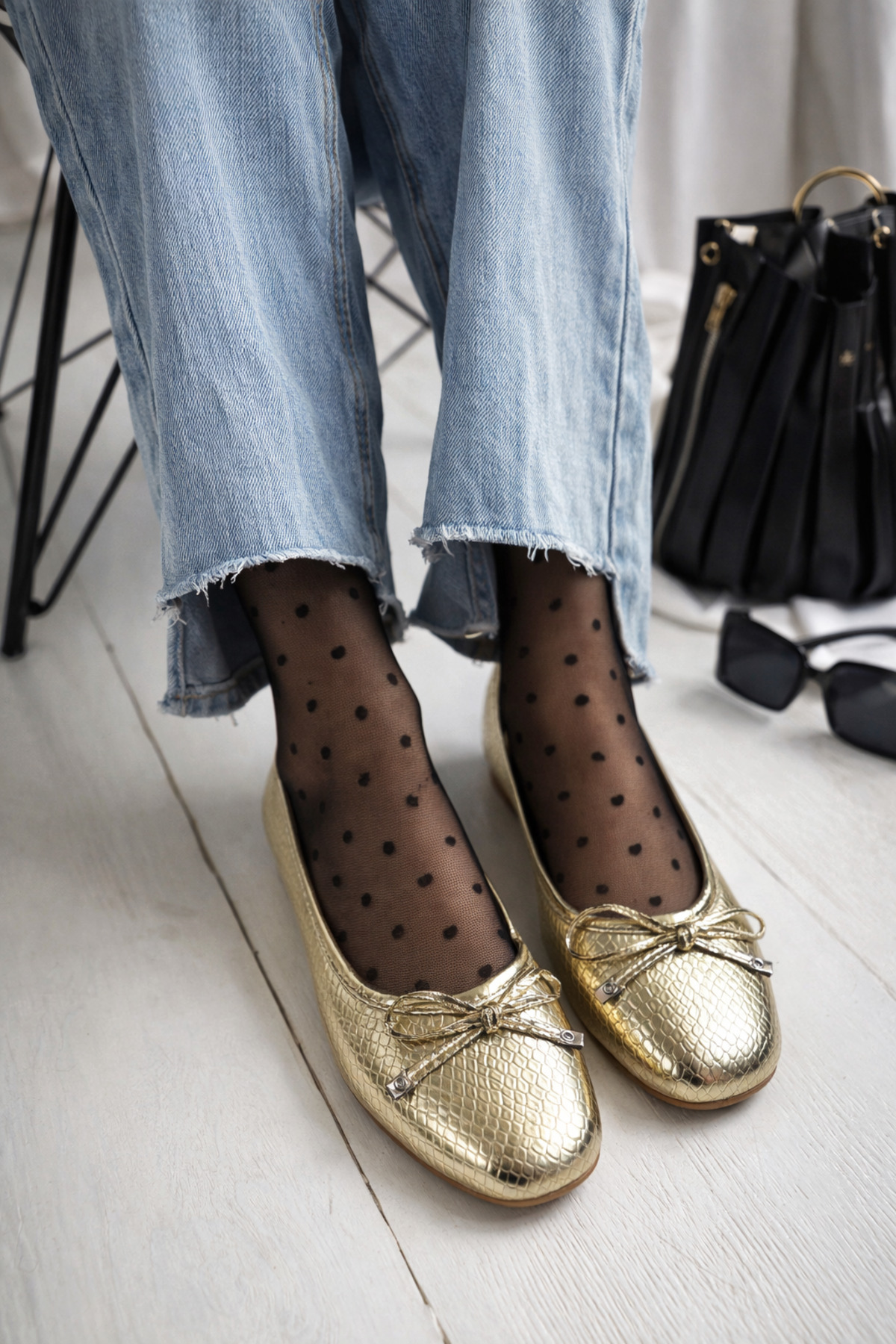 Lucy Women's Gold Gold Patterned Casual Model Flat Shoes