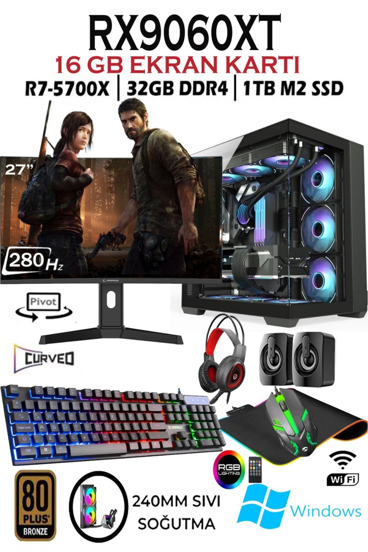 Apphirex TCX99 Ryzen 7 5700X 32GB 1TB M.2 SSD RX9060XT 16GB Sıvı Soğutma 27' 280HZ Masaüstü Oyuncu Bilgisayar
