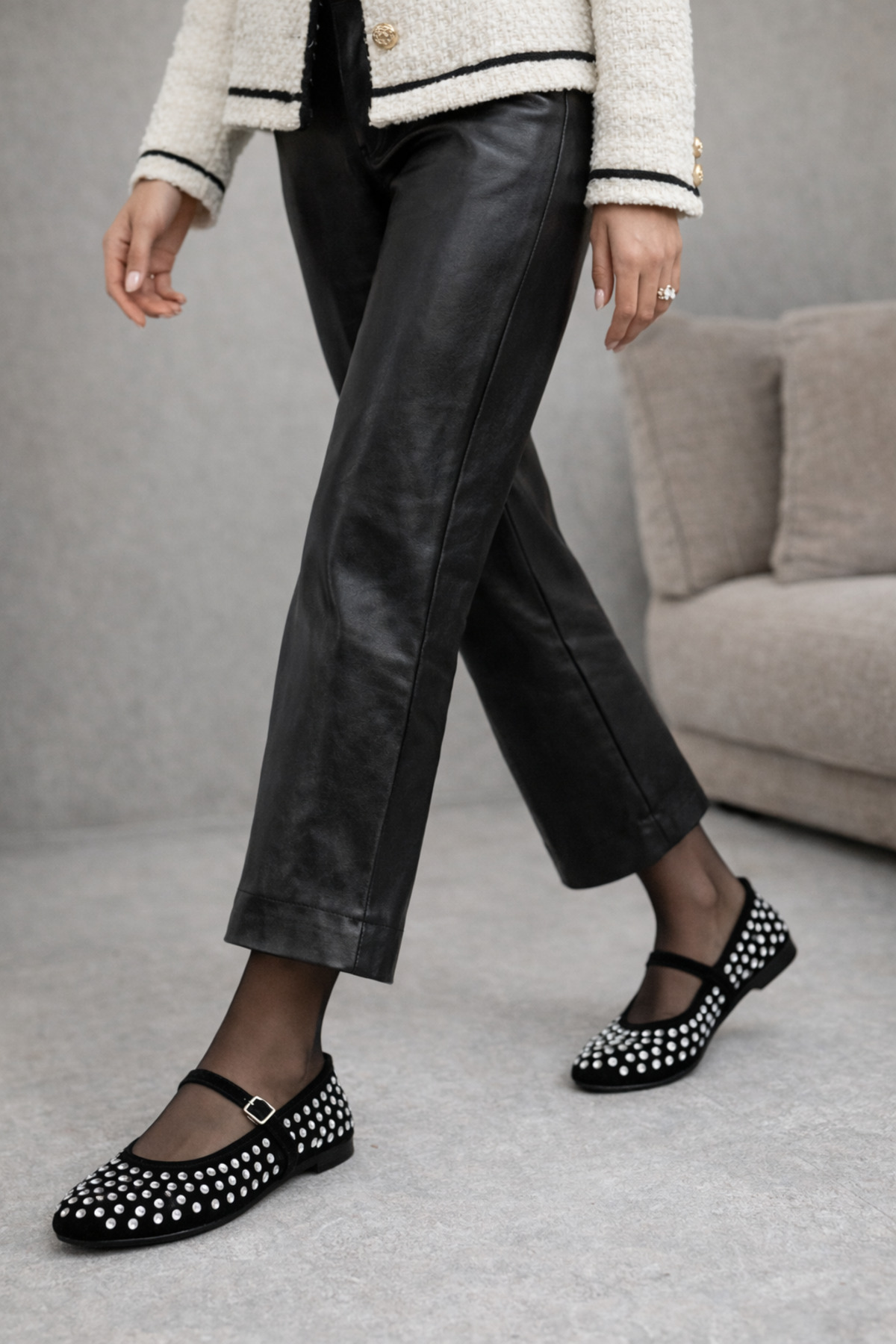 FootFrenzy  Kadın Taş Dokulu Mary Jane Günlük Şık Konforlu Rahat Taban Babet Ayakkabı - Görsel 2