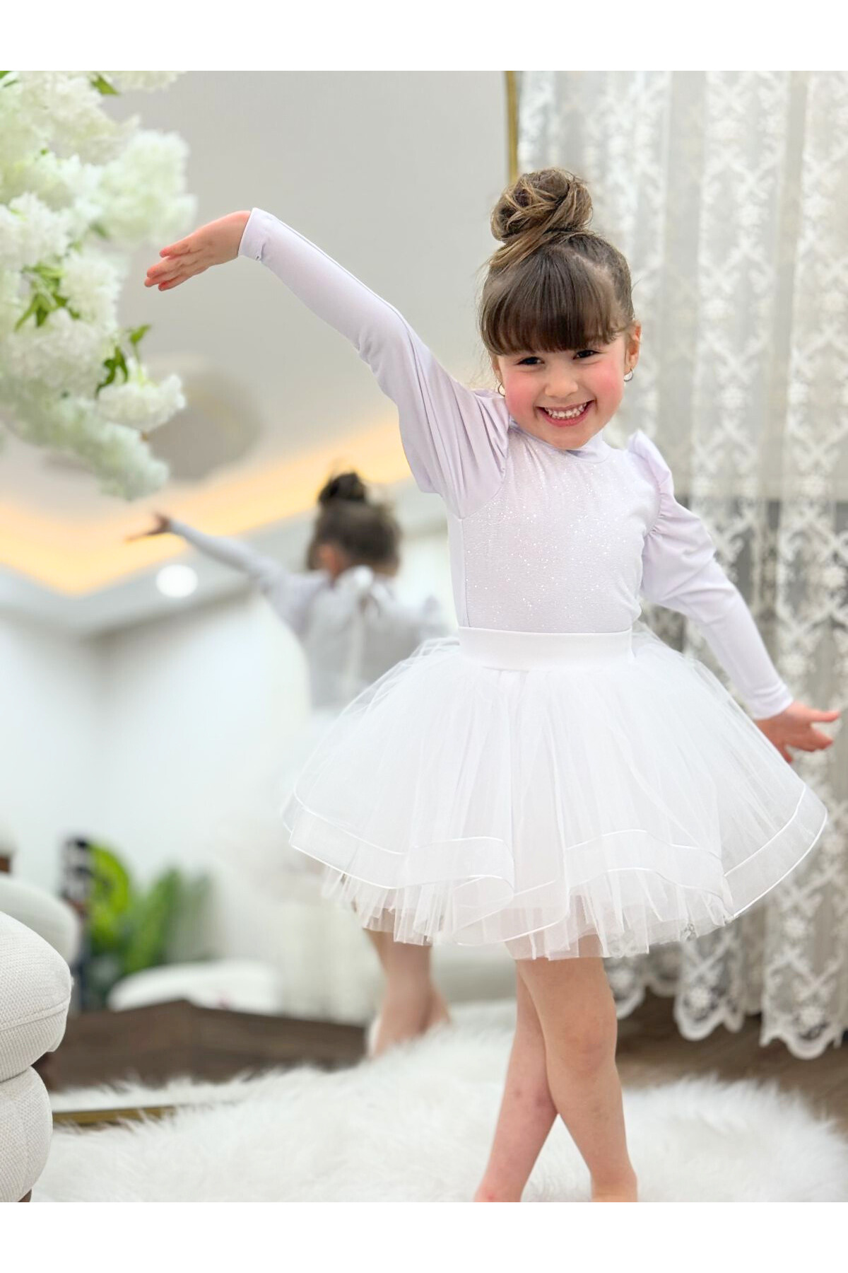 LULLY KİDS  Kız Çocuk 29 Ekim/23 Nisan Gösteri Kullanımına Uygun Tül/Tütü 4 Katlı Astarlı Beyaz Kostüm Etek - Görsel 6