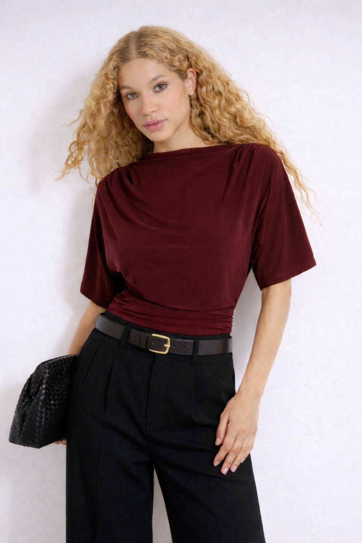 peri tower  Kadın Bordo Fitted/Vücuda Oturan Kayık Yaka Yarasa Kol Esnek Örme Bluz 0067 - Görsel 2