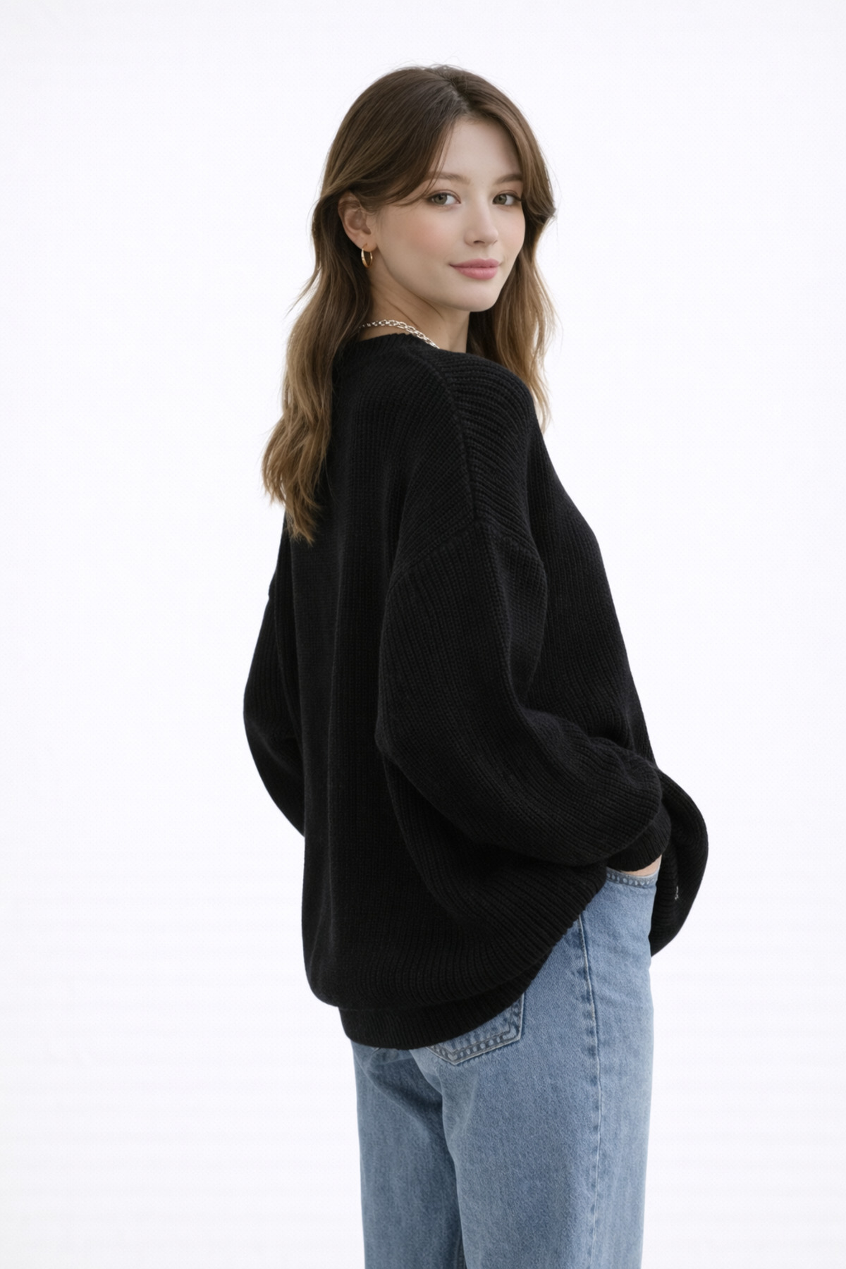 Kırlangıç Moda  Siyah Oversize Bisiklet Yaka Kadın Triko Kazak - Görsel 6