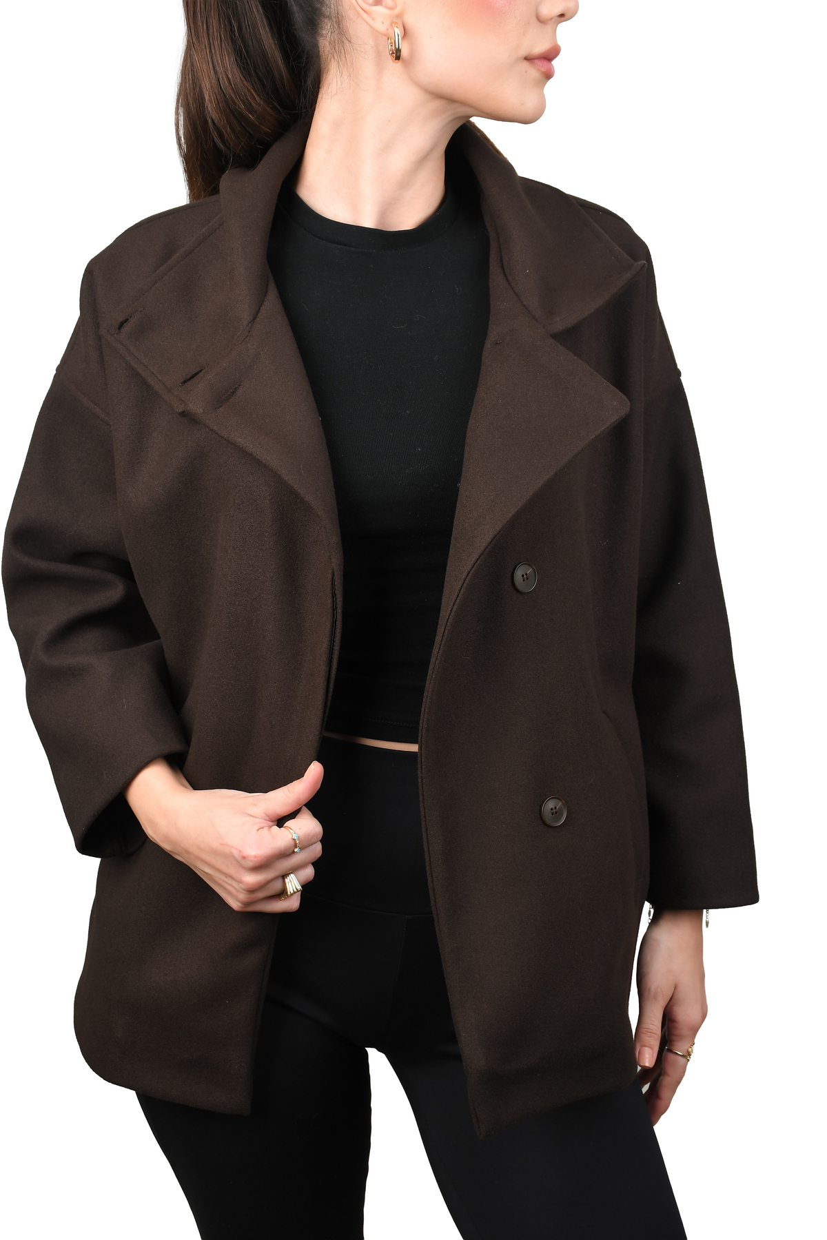 COJIKO  OVERSIZE Kadın Dik Yaka Düğmeli Kısa Kaban - Görsel 3