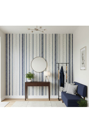 Ayzun Lacivert Beyaz Krem Bej Çizgi Desenli Duvar Kağıdı 113033