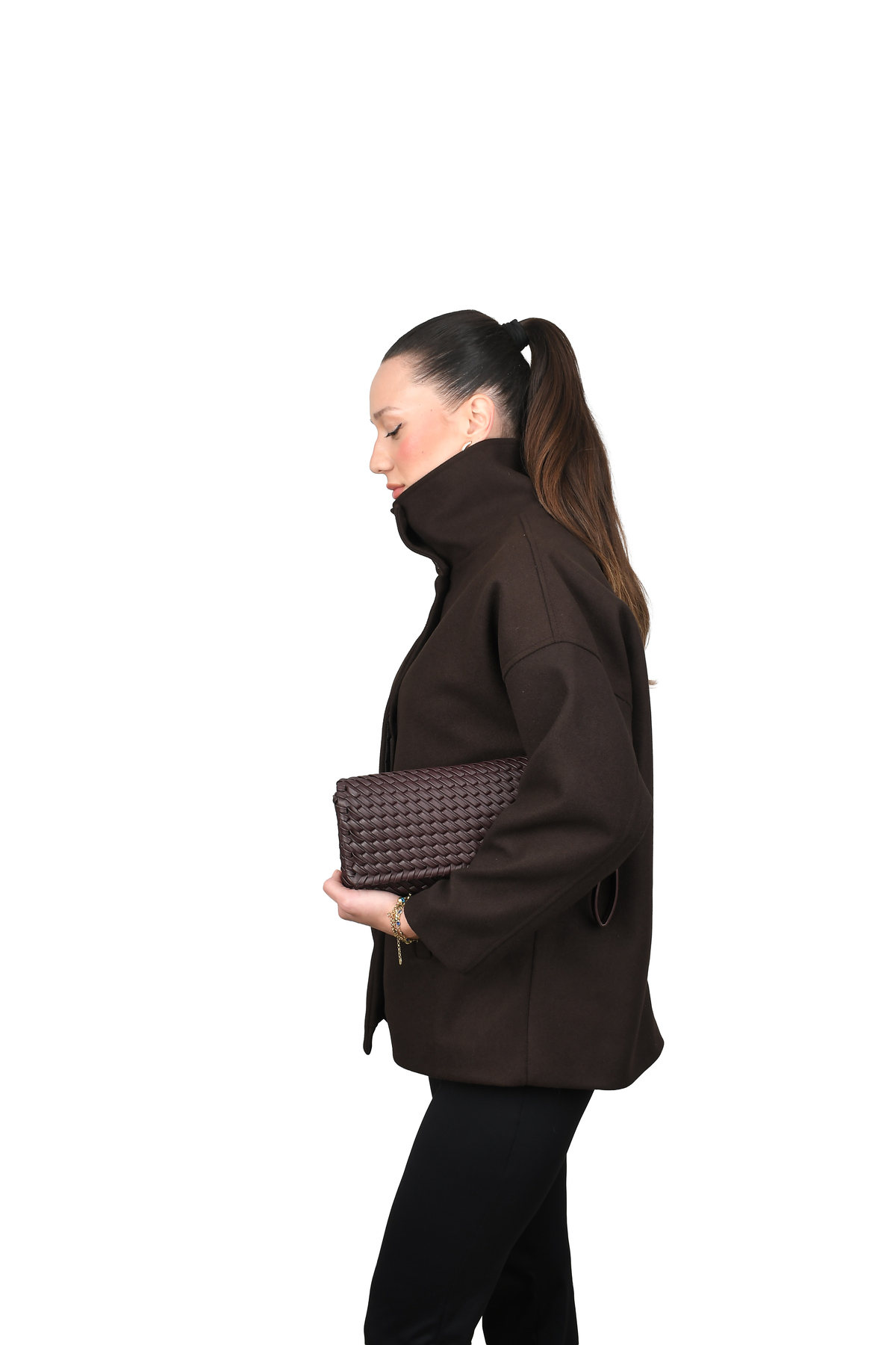 COJIKO  OVERSIZE Kadın Dik Yaka Düğmeli Kısa Kaban - Görsel 5