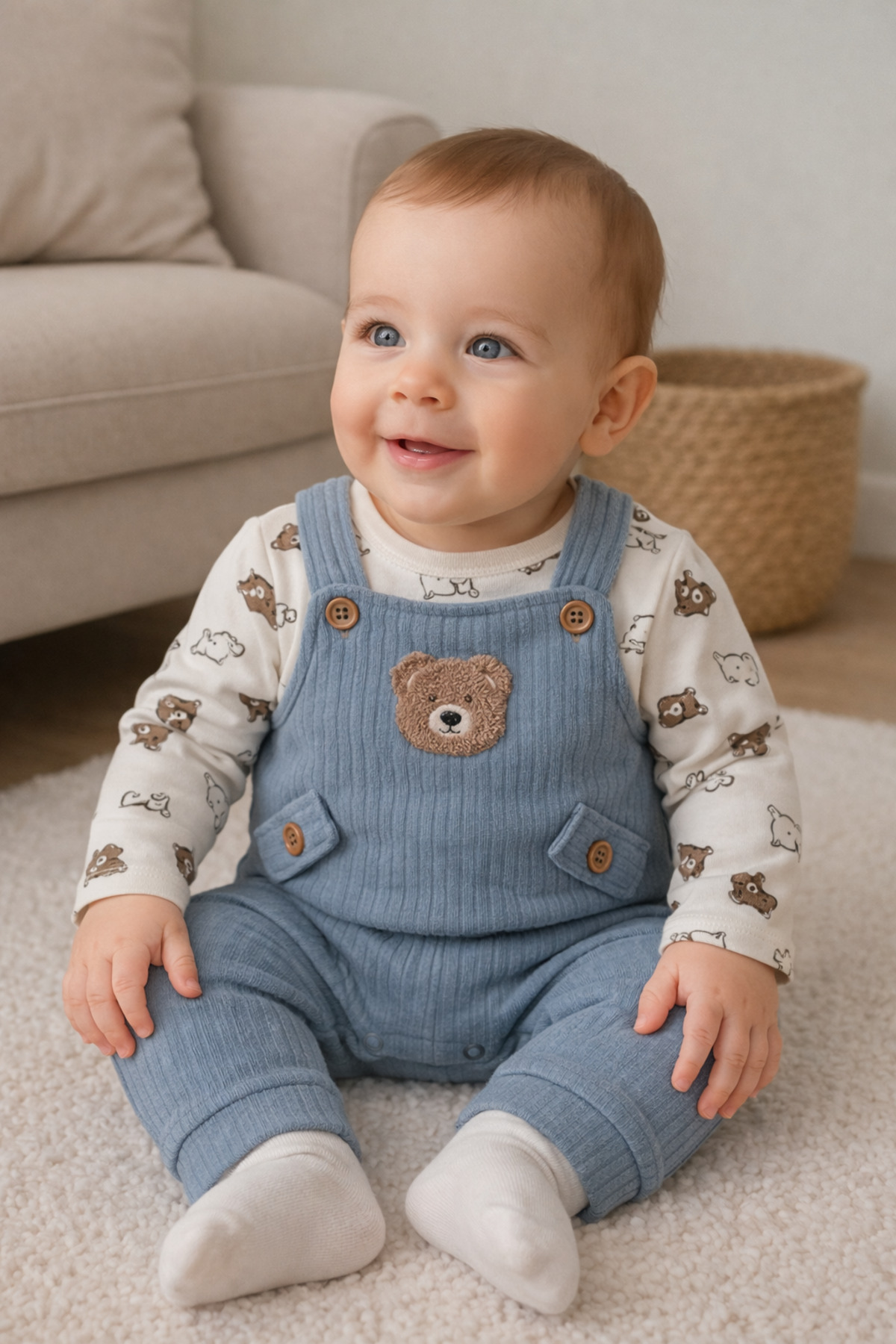 MYZİ STORE Bebek Erkek 3'lü Tulum Takımı - Ayıcık Desenli Badi Ayı Nakışlı Mavi Salopet Ve Çorap Seti Pamuklu fotoğrafı 2 (önizleme)