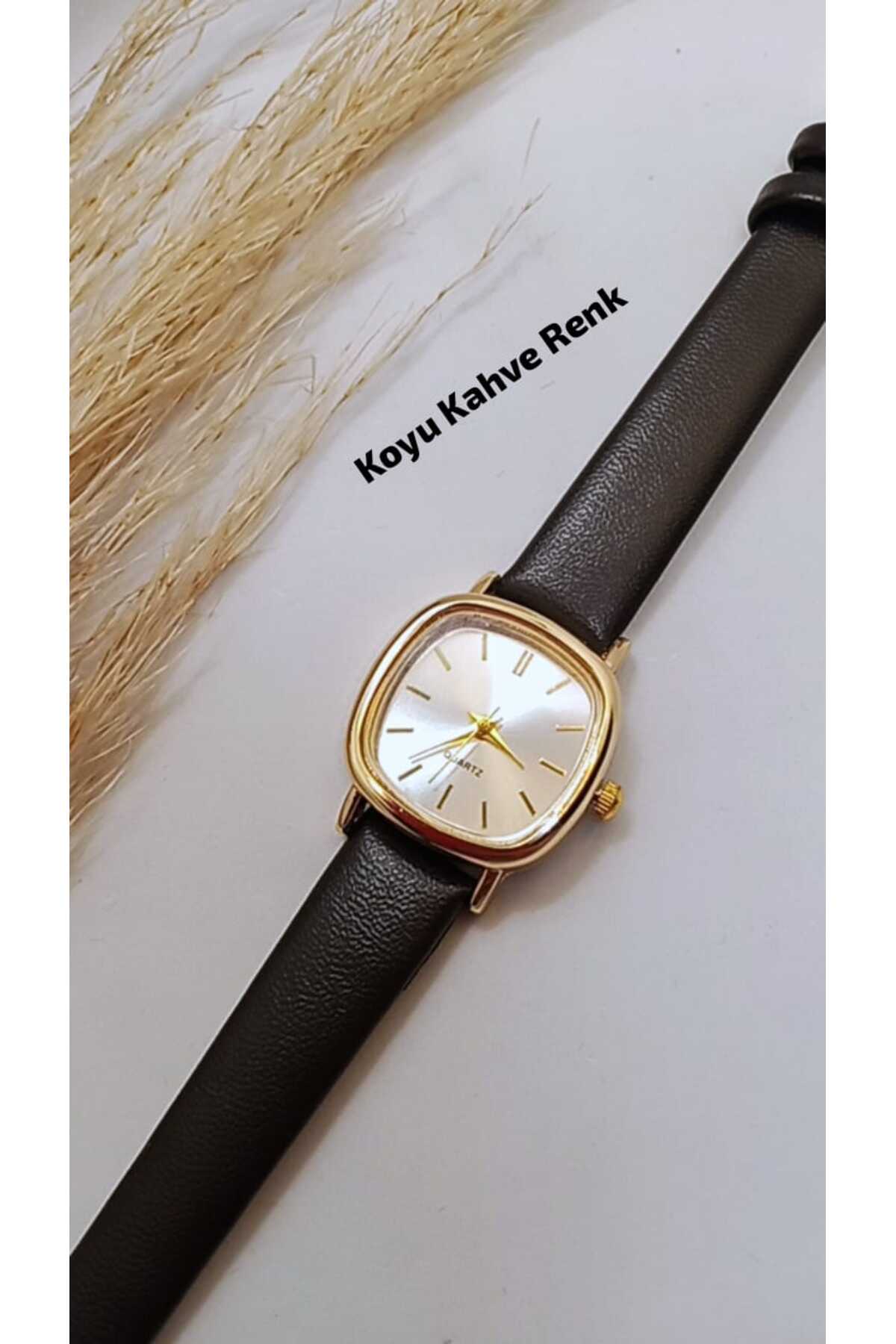 Retro Design Women's Dark Brown Color Square Wrist Watch Gold Case