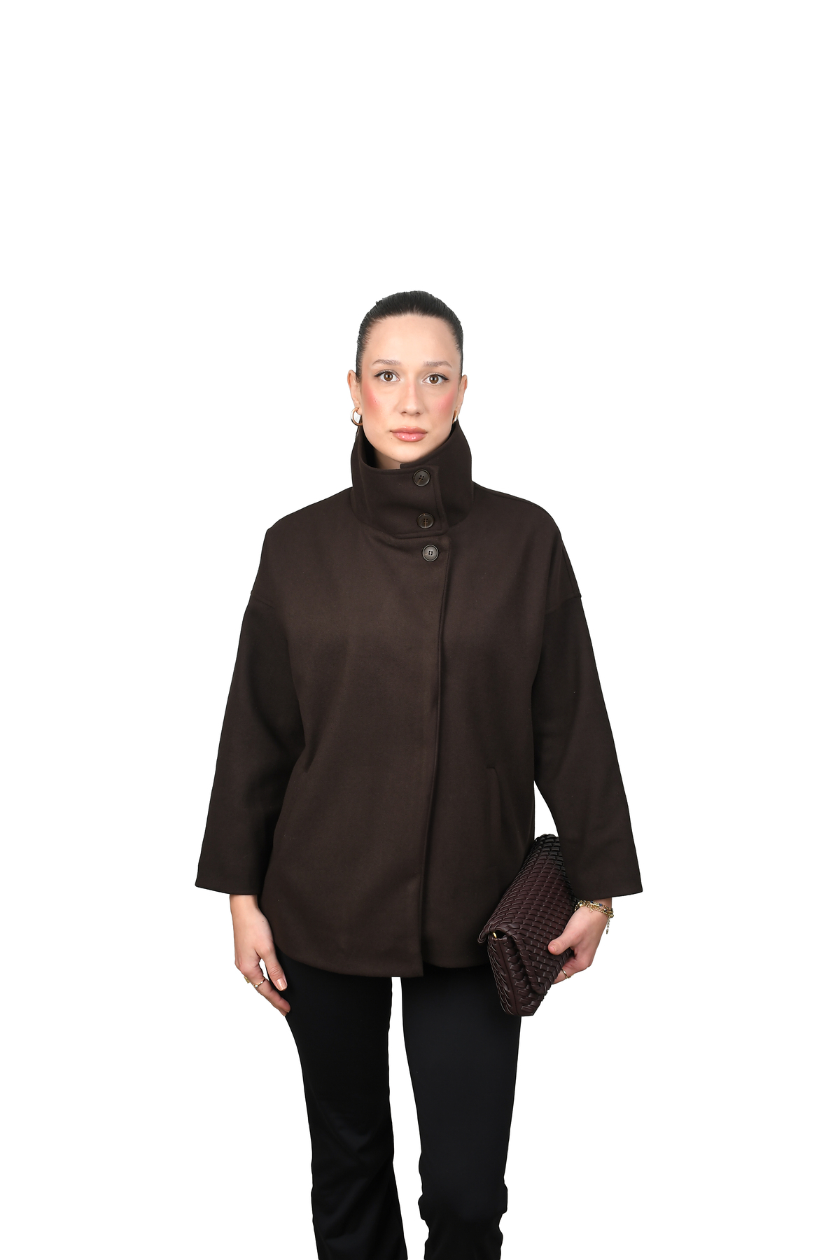 COJIKO  OVERSIZE Kadın Dik Yaka Düğmeli Kısa Kaban - Görsel 2